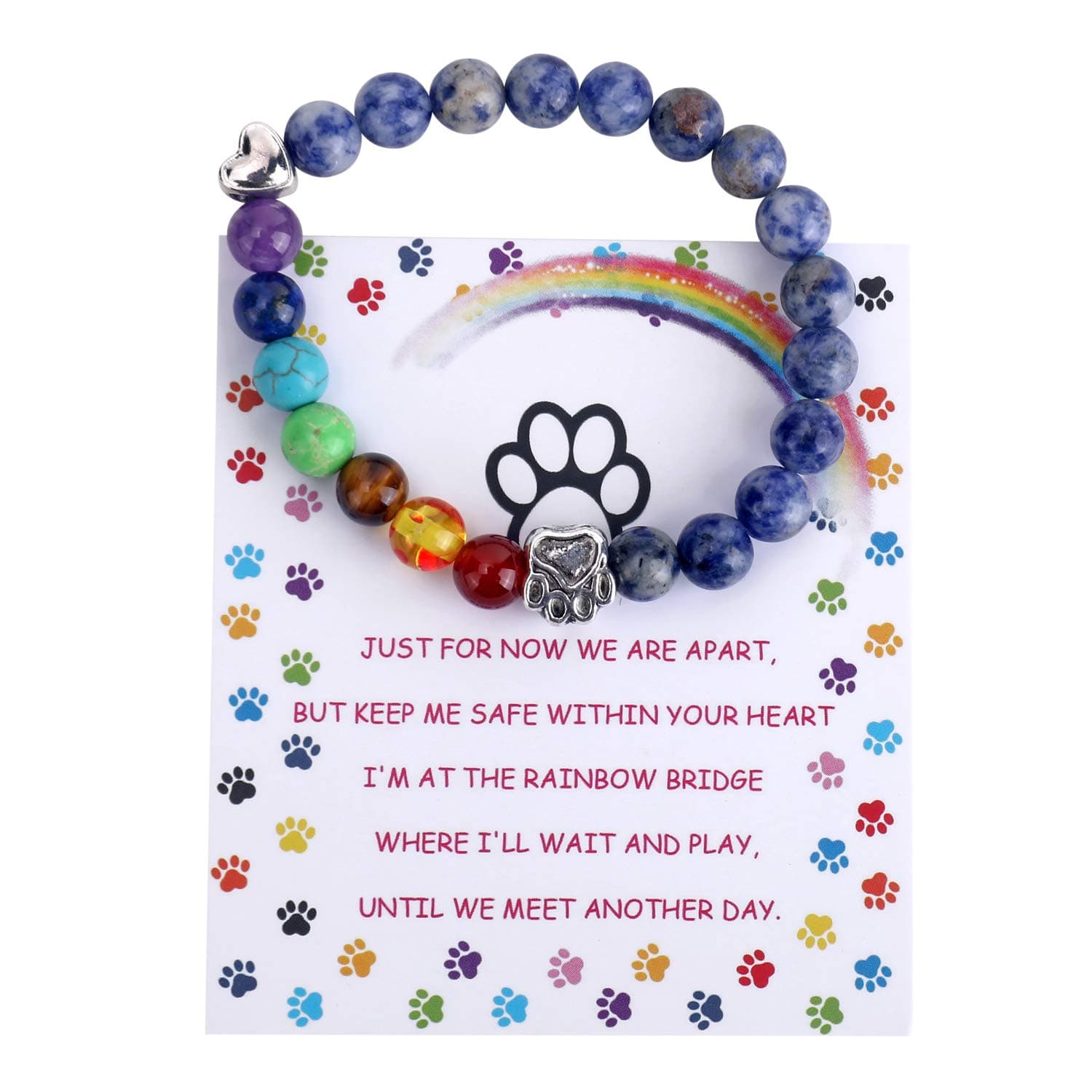 Pet Memorial Gifts, Rainbow Bridge Bracelet for Beloved Dog Cat, 8MM Mixed Color Bead 7 Chakra Memorial Bracelet for Women Men Who Lost Pets, Pet Sympathy Gift