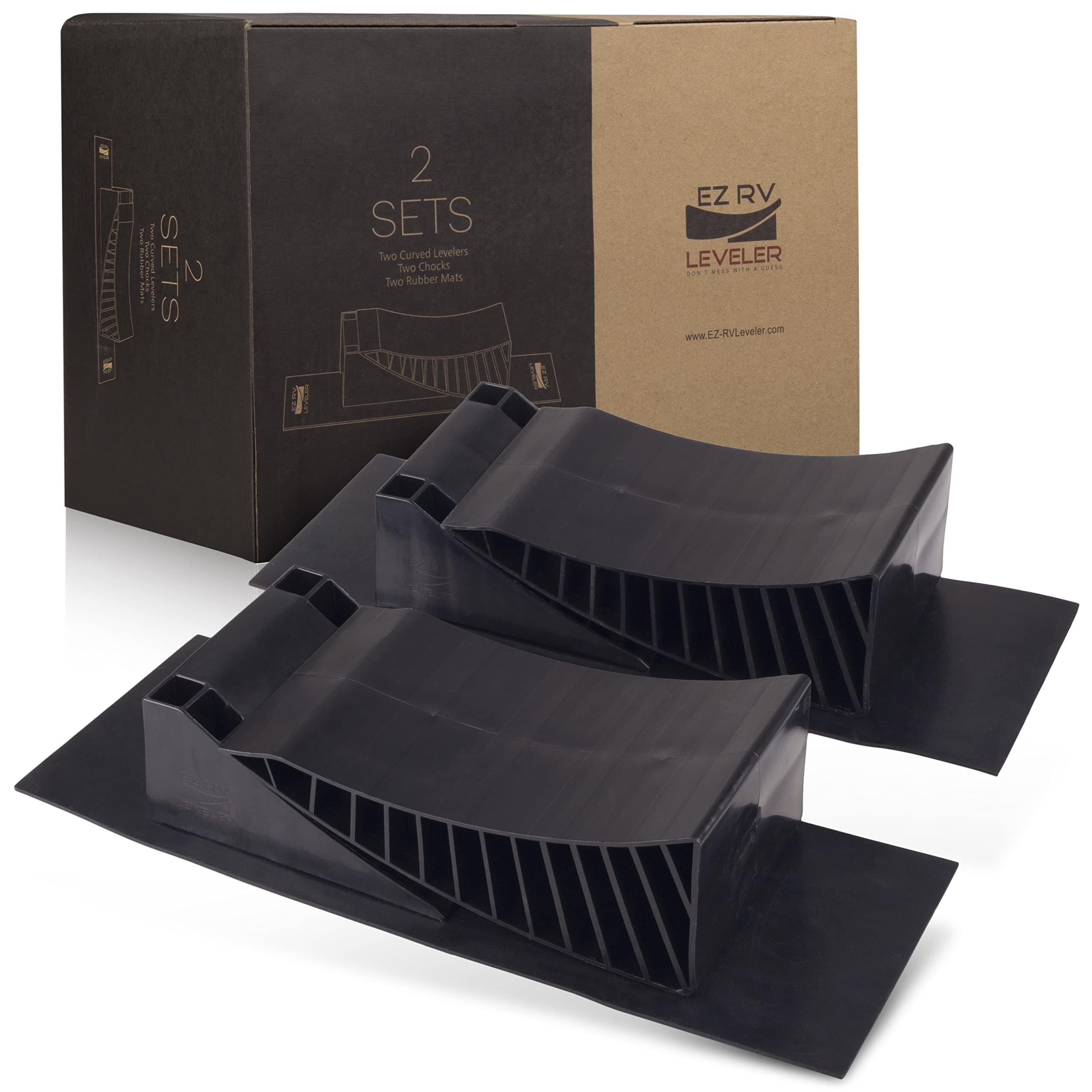 EZ RV Leveler - Curved Leveling Ramps with Chocks and Rubber Mats - Don't Mess with a Guess: Use an RV Leveling Kit That Makes Leveling Fast and Easy - 2 Pack for Tandem Axle Campers