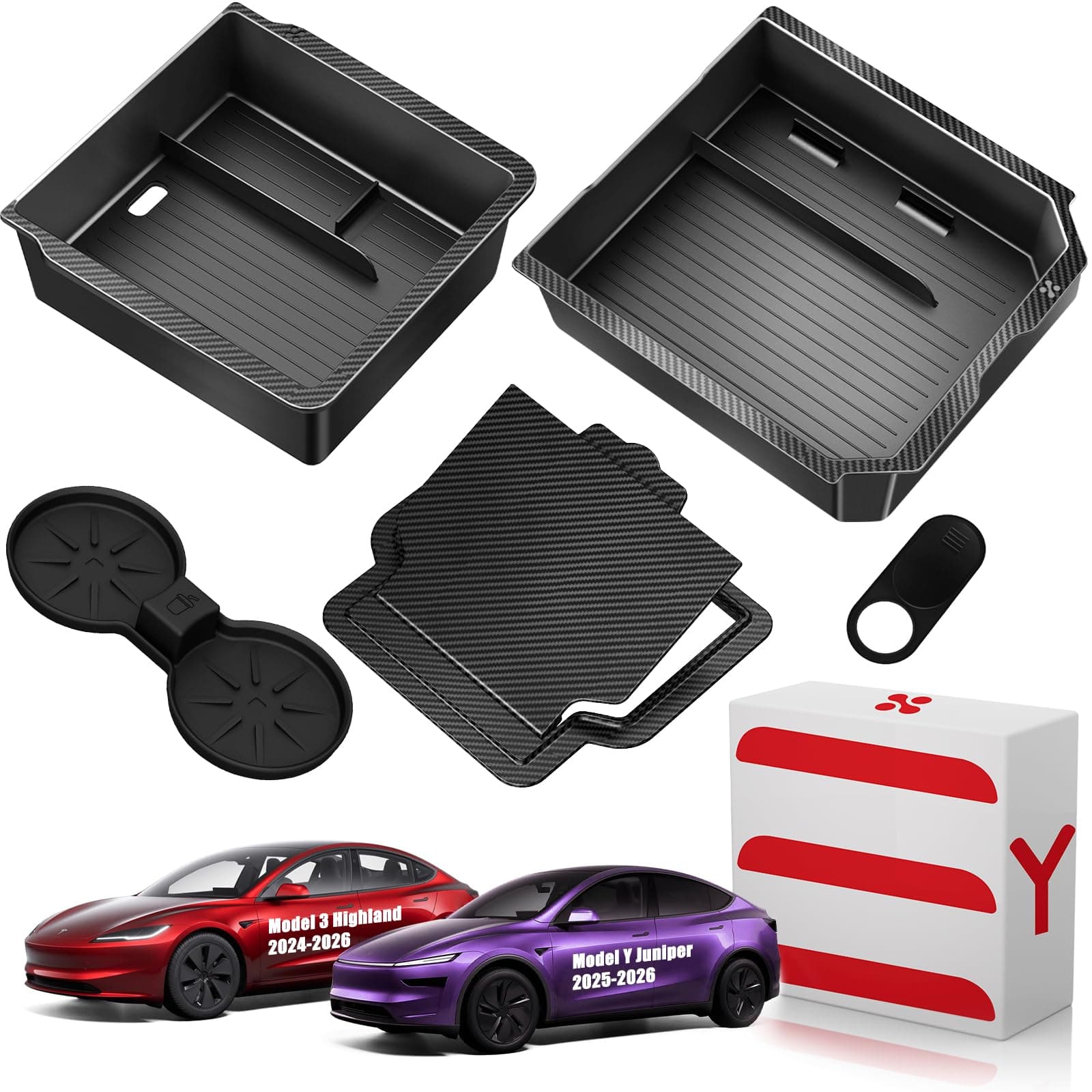 Tesla Model Y Juniper 2025 2026 & Model 3 Highland 2024 2026 Center Console Organizer Tray [Slide Smoothly + Easy Installation] Cup Holder for Tesla Model Y Juniper Accessories