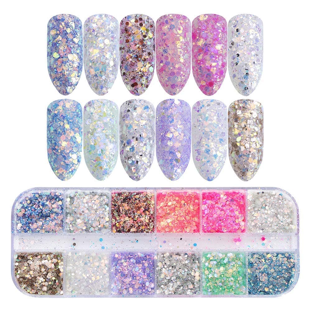 12 Color Nail Glitter Set - FOXTSPORT Mixed Iridescent Hexagon Nail Sequins Set Mermaid Holographic Effect for Festival Makeup Body Painting Nail Art Slime & Crafts