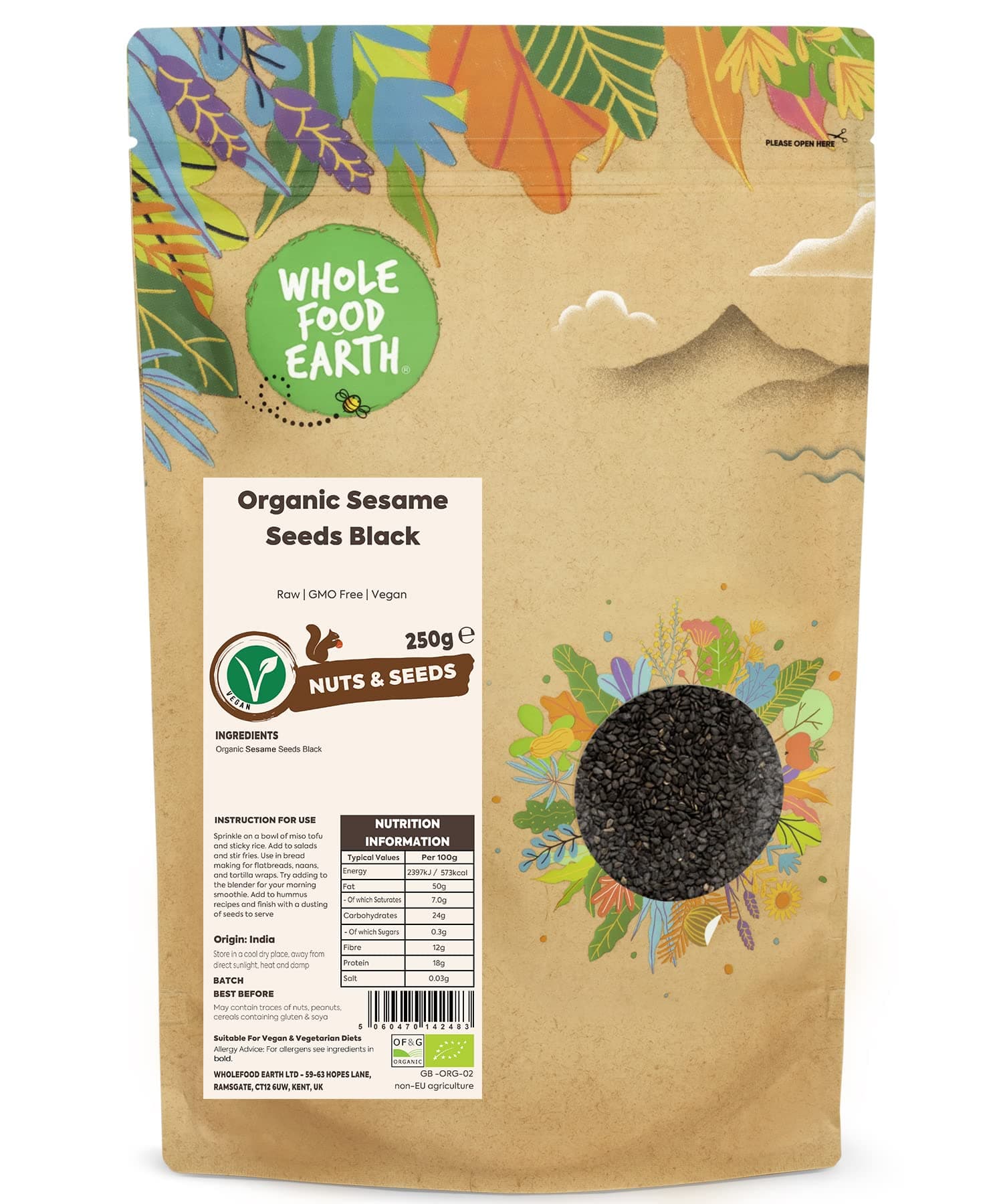 Wholefood Earth Organic Sesame Seeds Black 250g Raw | GMO Free | Vegan | Certified Organic
