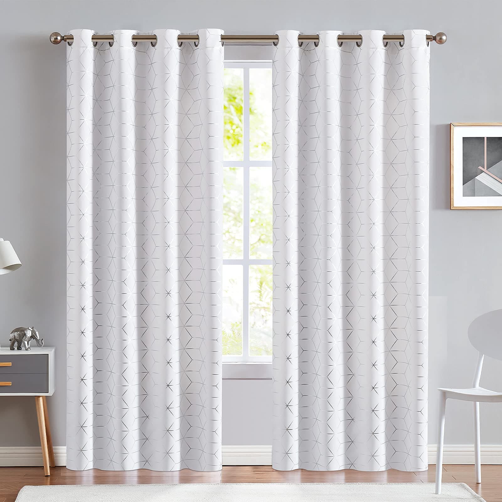 jinchan White Curtains for Bedroom, Silver Foil Diamond Printed Thermal Light Filtering Curtains for Living Room Window Curtains 84 Inch Length Set 2 Panels White