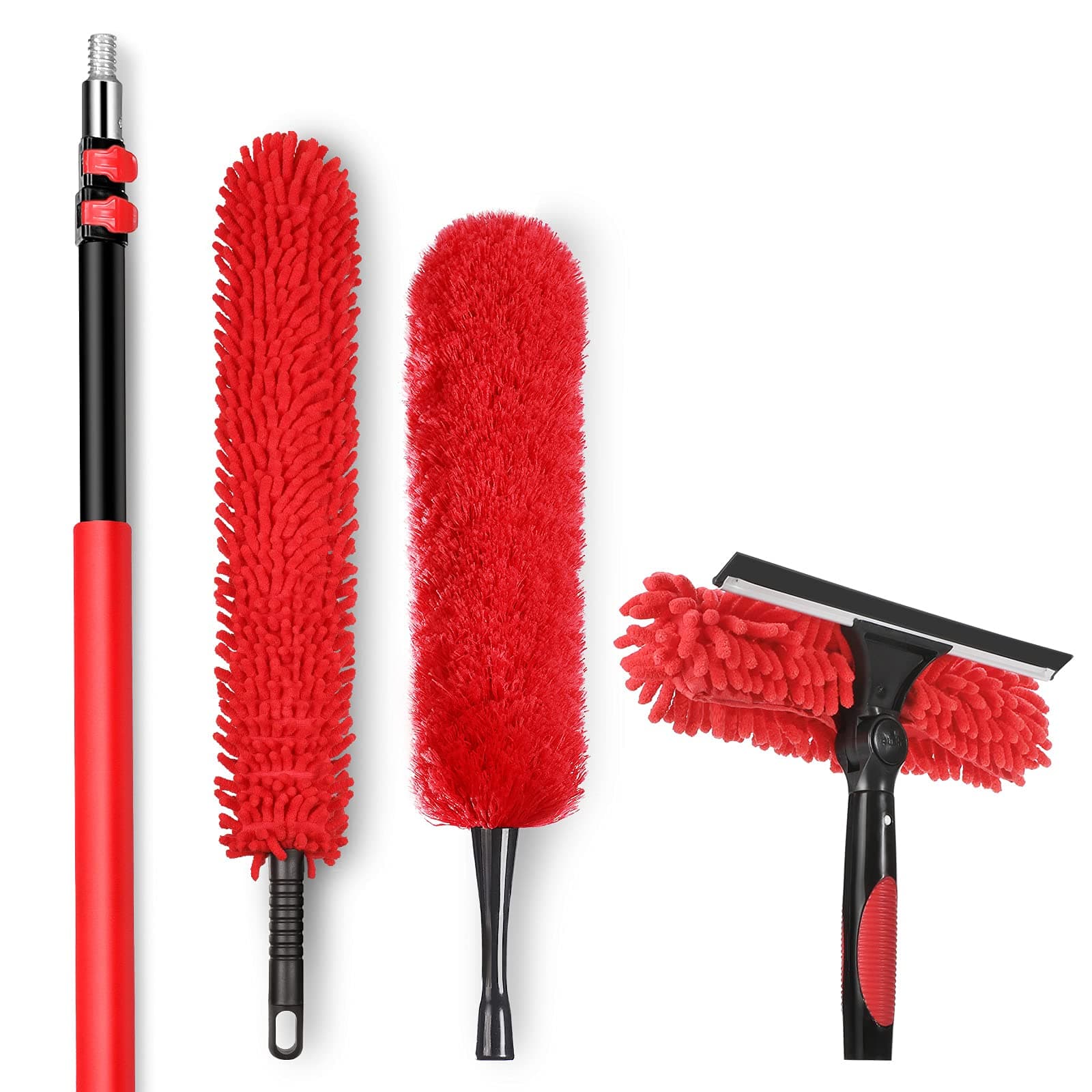 HIWARE Window Squeegee, Microfiber Feather Duster, Ceiling Fan Duster Cleaning Kit with 12 Feet Extension Pole, Professional Washing Equipment for Window, Bookshelves, Ceiling Fan, Chandeliers