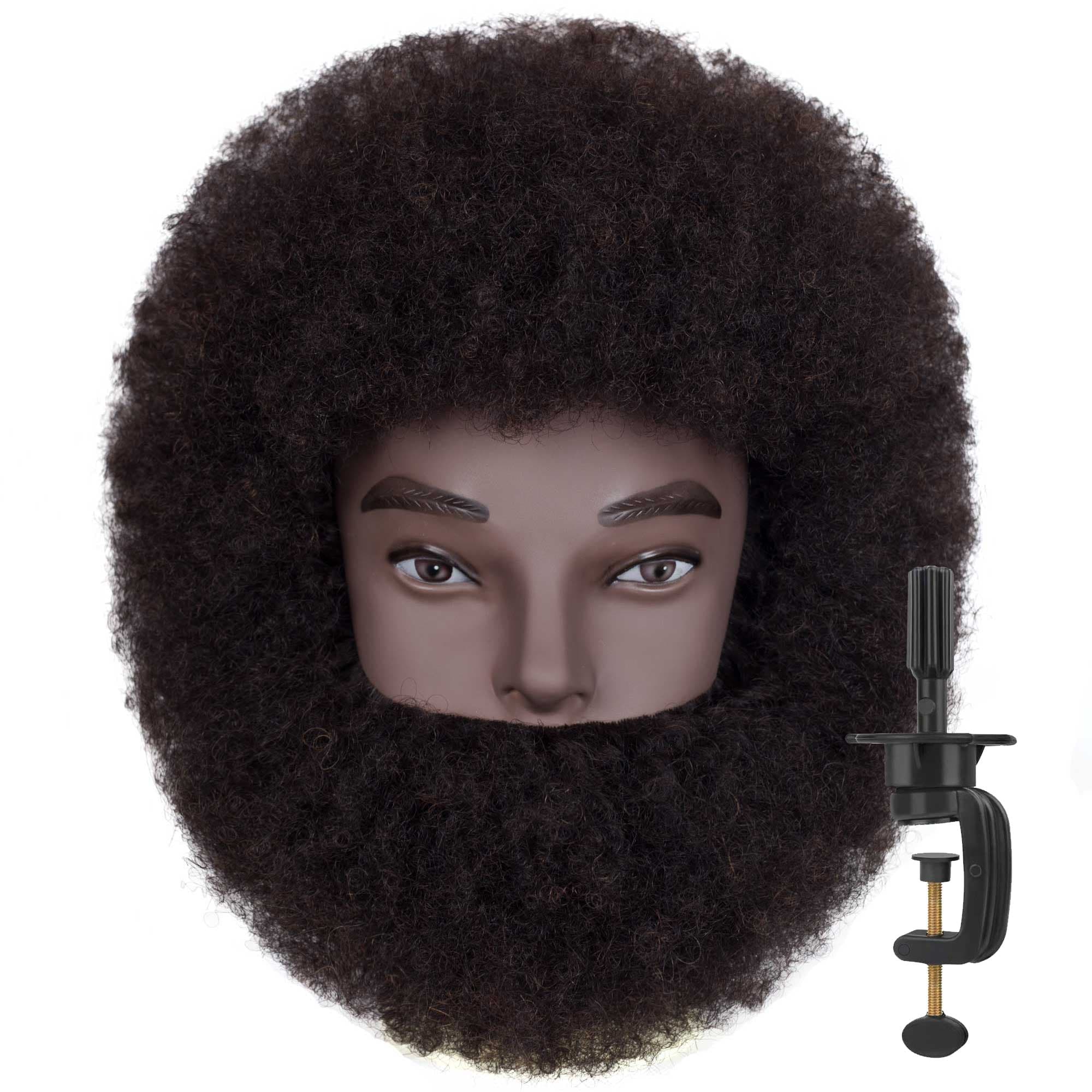 8"Afro Male Mannequin Head with Beard 100% Human Hair 4A Type for Braiding Hairdresser Training Head Cosmetology Afro Hair Manikin Head for Practice Styling Cornrow Braiding with Clamp Stand