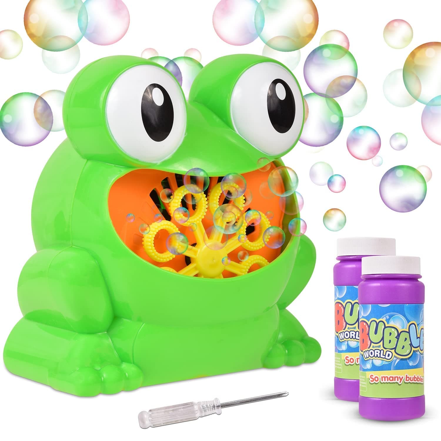 FUN JUNCTION Bubble Machine, Frog Bubble Machine Toy for Kids, Babies, Toddlers and Dogs. Automatic Bubble Maker Toy with 2 Bottles of Solution.