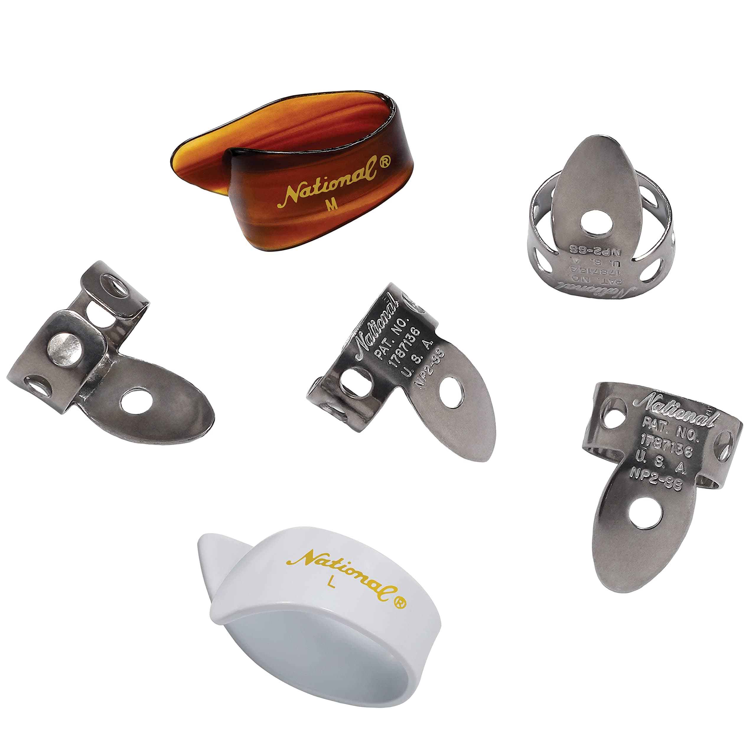 D'Addario National Finger Picks for Guitar & Banjo, Finger Picks & Thumb Pick Set, Medium/Large, Stainless Steel & Celluloid, Set of 6