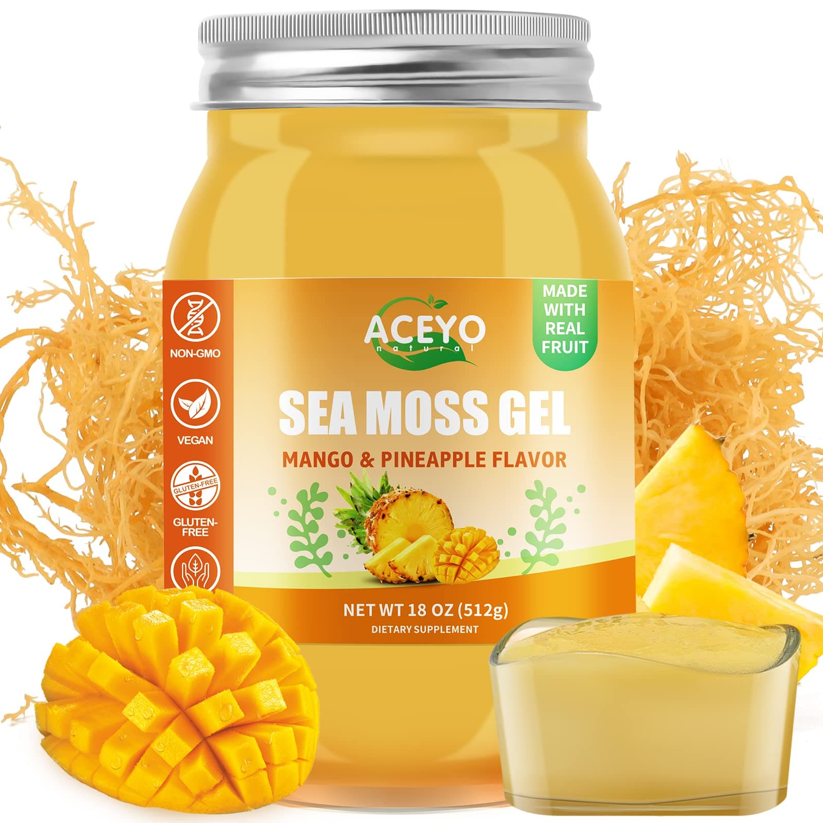 (18 OZ) Irish Sea Moss Gel Raw Vegan Mango Pineapple Flavor 102 Vitamins and Minerals Wild Harvested Non-GMO