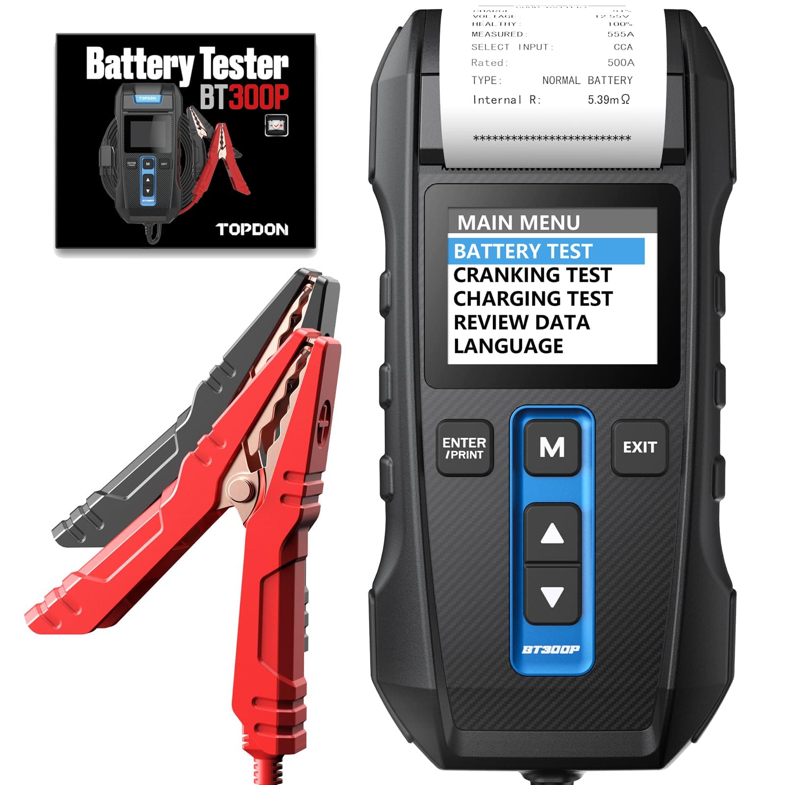 Car Battery Tester BT300P, 12V 24V Battery Tester with Printer, with Battery Test, Cranking Charging Test for 100-2000CCA Batteries, Carrying Bag, 3 Rolls of Printing Paper Included