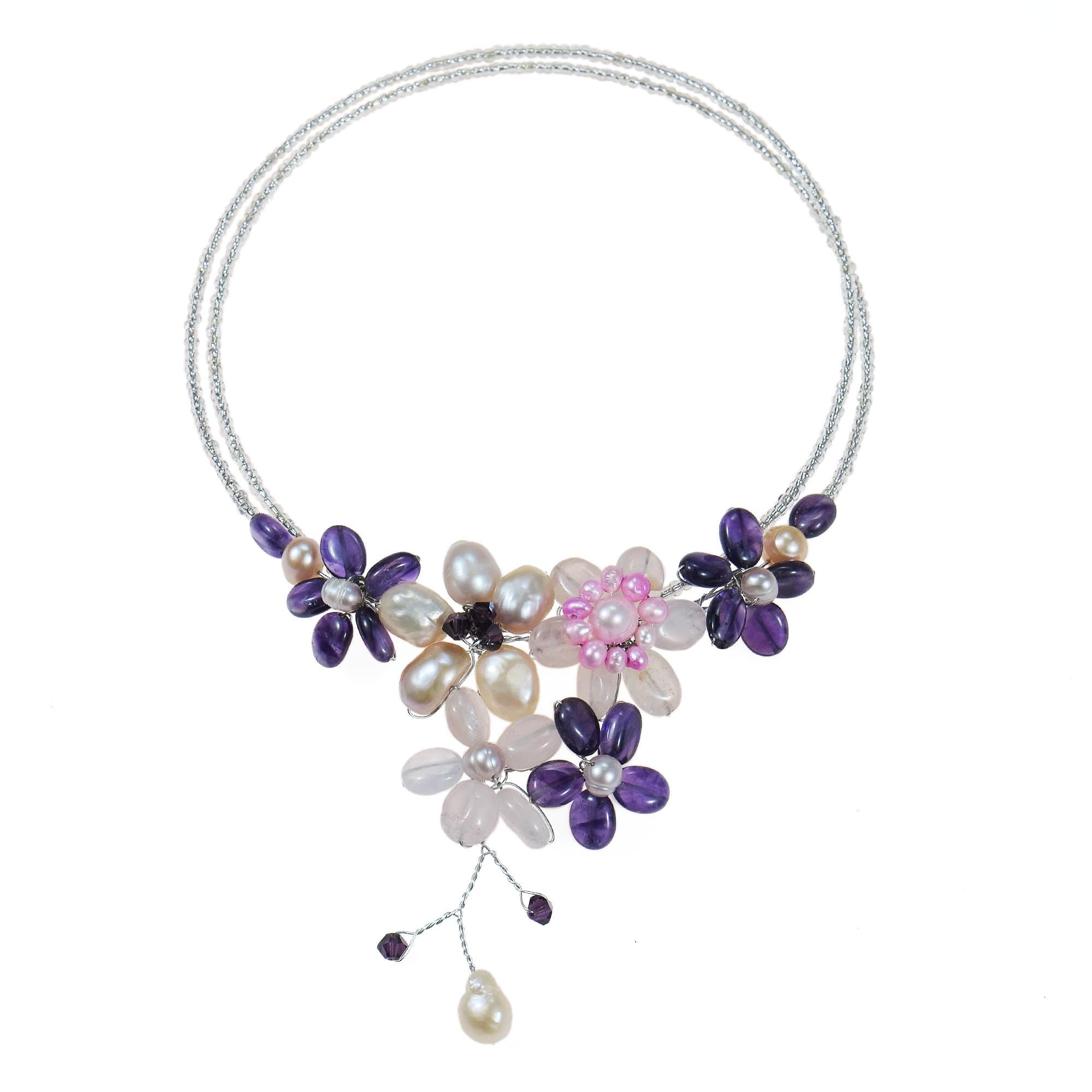 AeraVida Simulated Amethyst & Cultured Freshwater Pearls & Pink Glass Floral Choker Necklace | Freshwater Pearl Necklace | Floral Choker Necklace for Women | Amethyst Necklaces