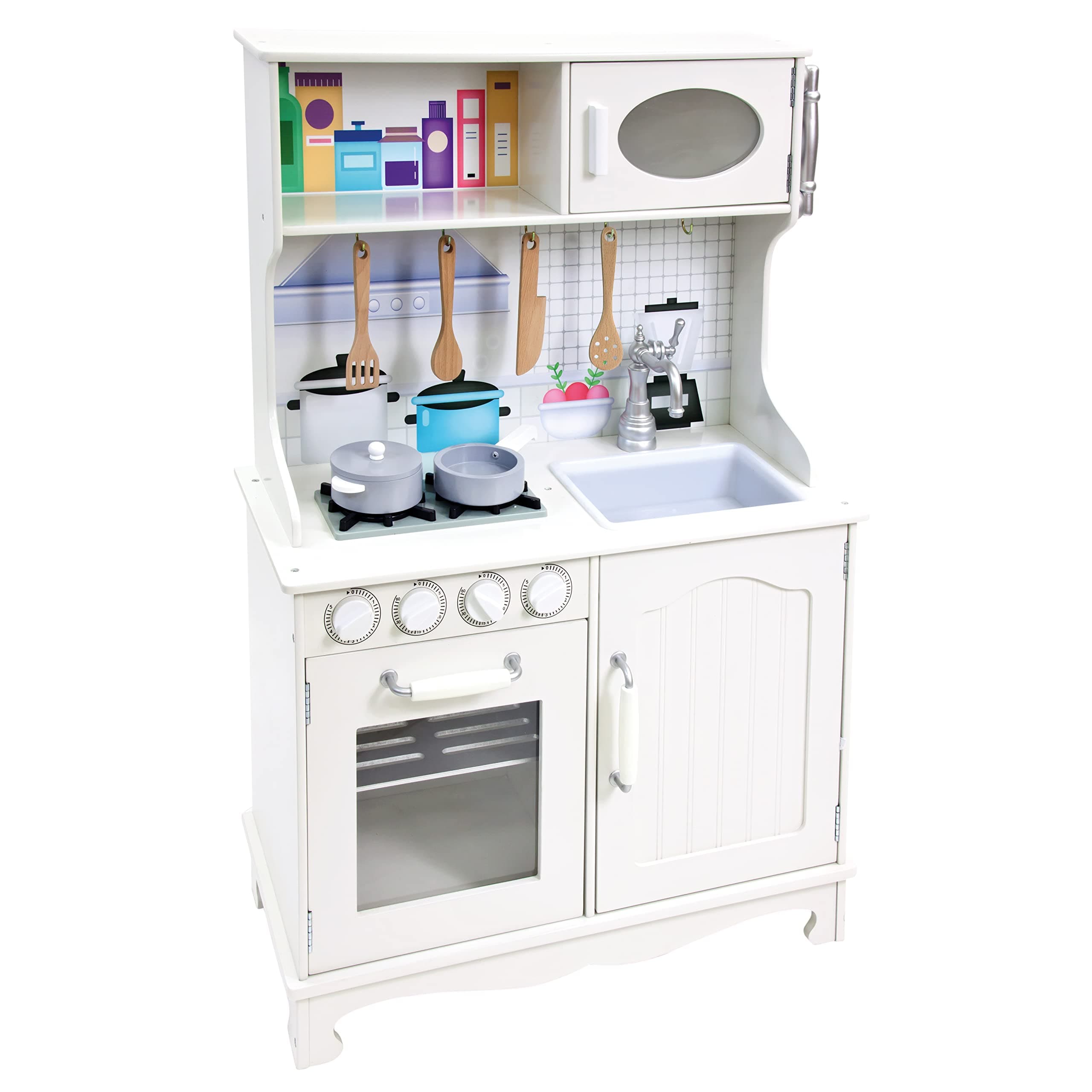 Bino 83724 Kids Kitchennete Provence, White Wooden Kitchen with Toy Cooker, Sink, Oven and Accessories for Pretend Play. Size: 65.3 x 97.3 x 30 cm, 8-Piece