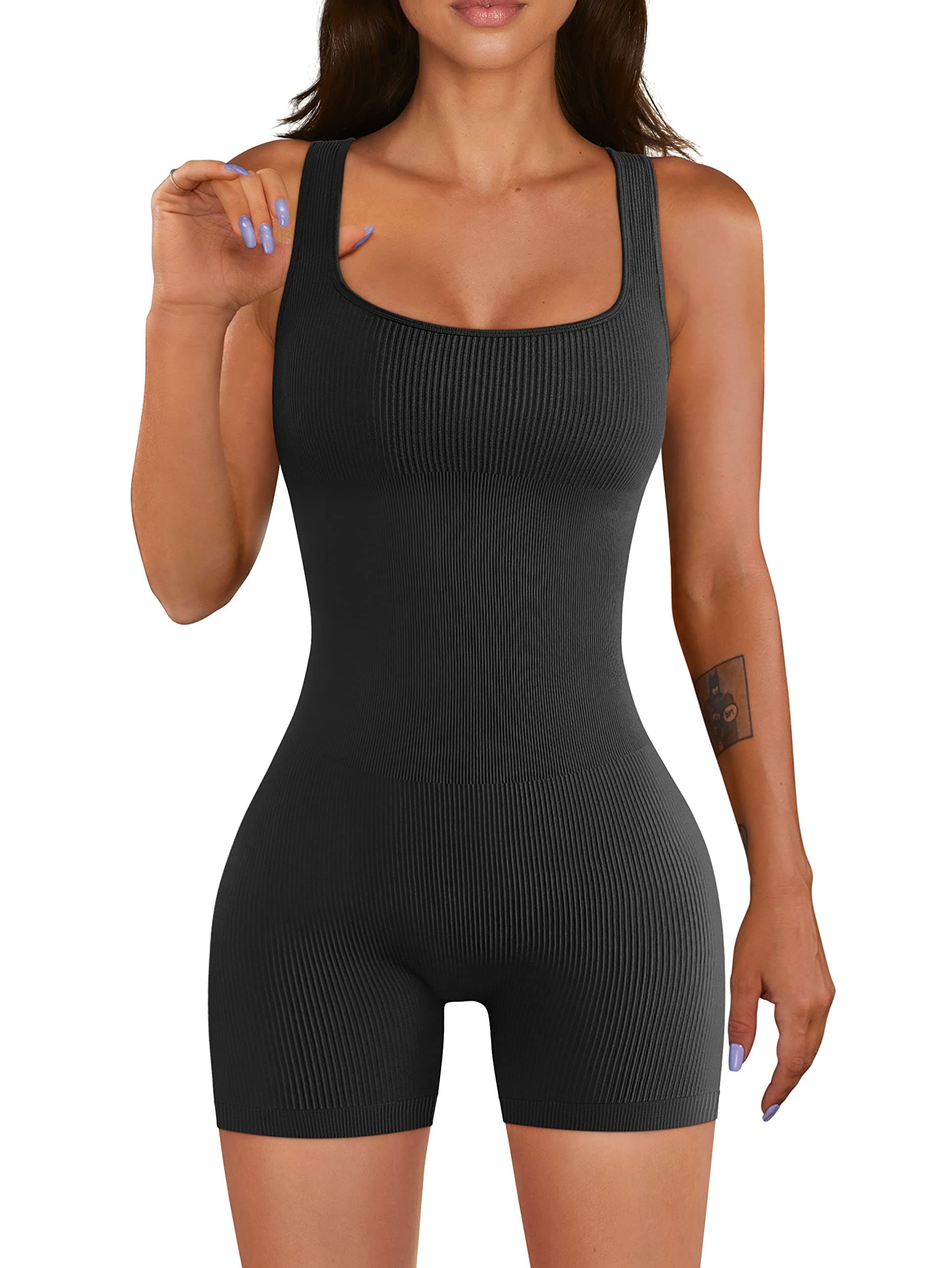 Women Workout Romper Yoga Ribbed Square Neck One Piece Seamless Tank Top Jumpsuit