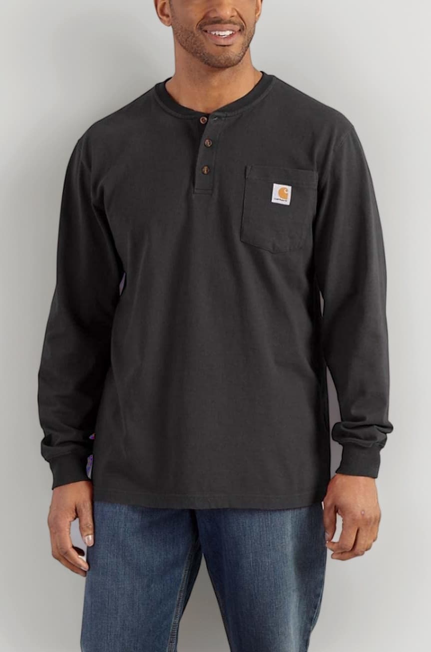 Men's Loose Fit Heavyweight Long-Sleeve Pocket Henley T-Shirt, Black, Medium