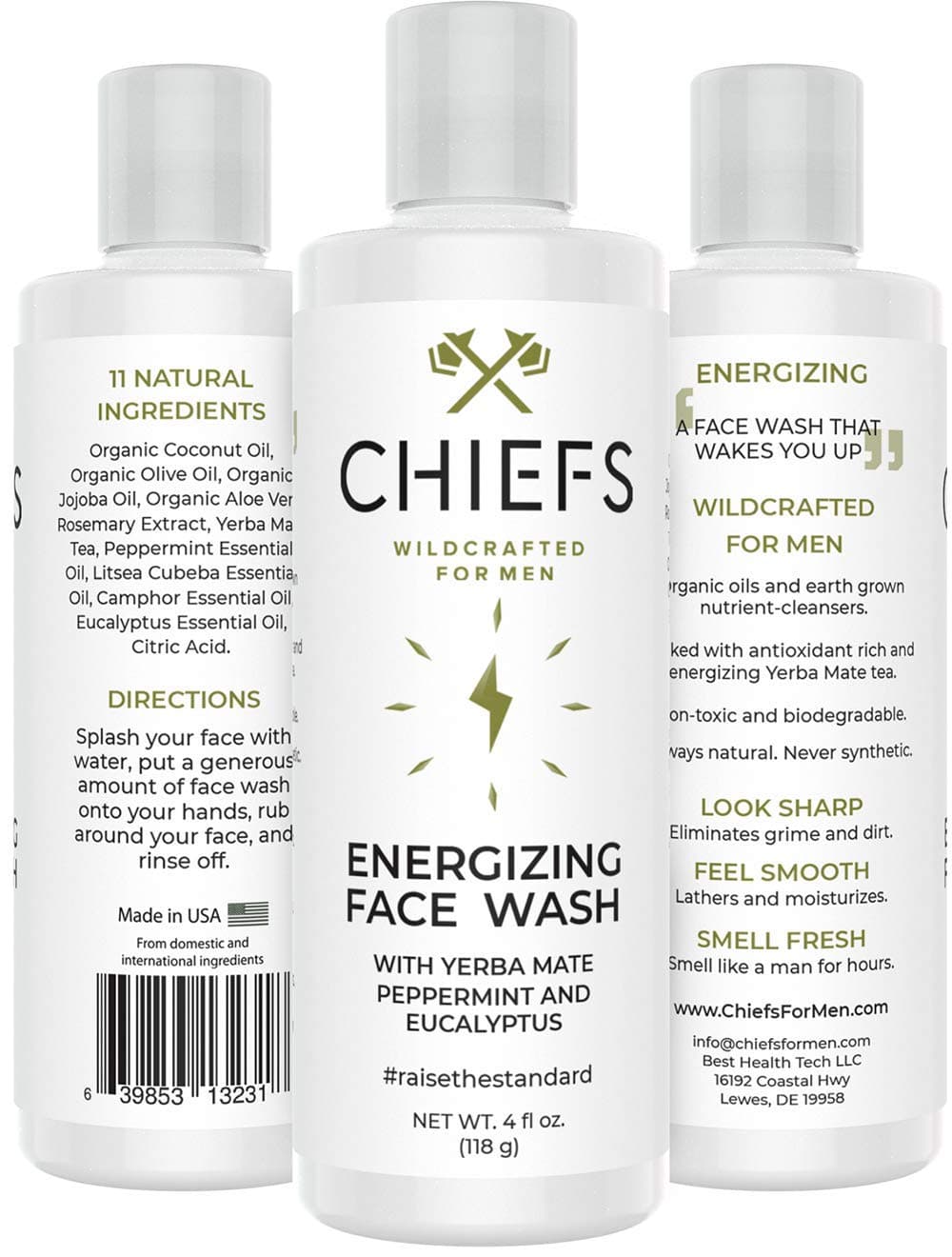 Chiefs For Men: Energizing Face Wash - All Natural Facial Cleanser - 4 oz Bottle - Yerba Mate, Peppermint, & Eucalyptus - Provides A Deep, Thorough Clean - Soothes & Moisturizes Skin