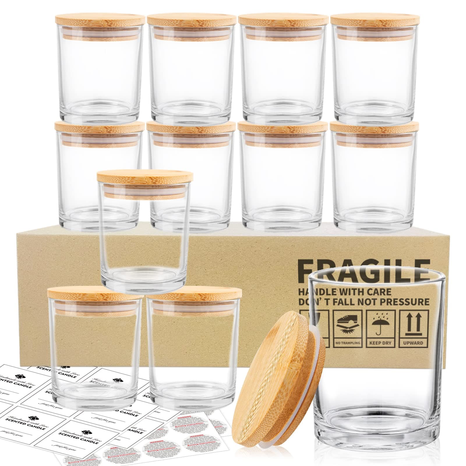 12 Pack Glass Candle Jars-10 OZ Clear Empty Candle Jars with Bamboo Lids and Sticky Labels, Bulk Candle Jars for Making Candles Containers - Dishwasher Safe