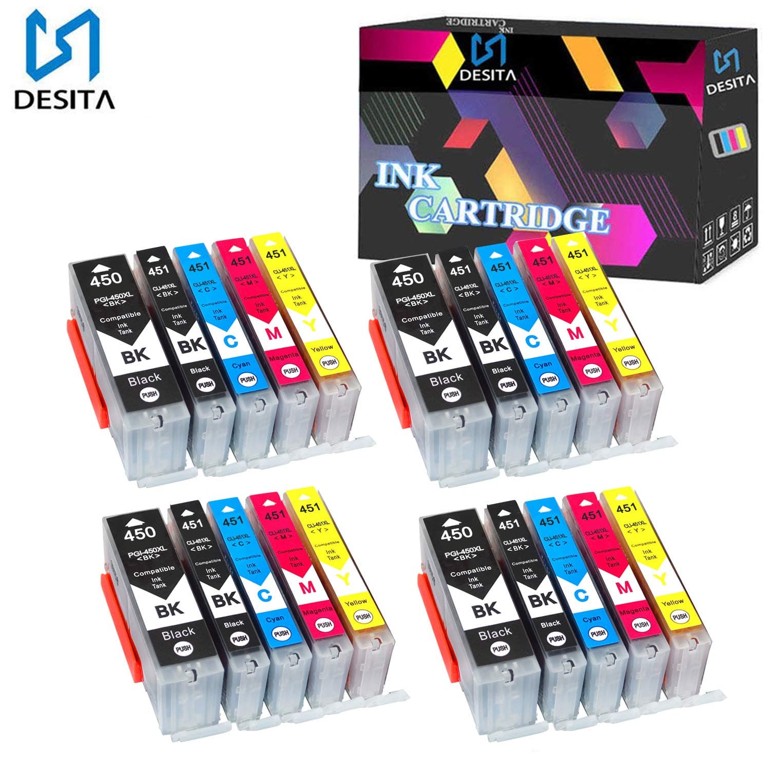 S DESITA 450 451 Ink Cartridges Replacement for Canon PGI-450 CLI-451 Compatible with PGI450 CLI451 PIXMA MG5440 / MG5540/MG6340/MG644/ MG7140/IP7240 (BK/BK/C/M/Y) 20 Pack
