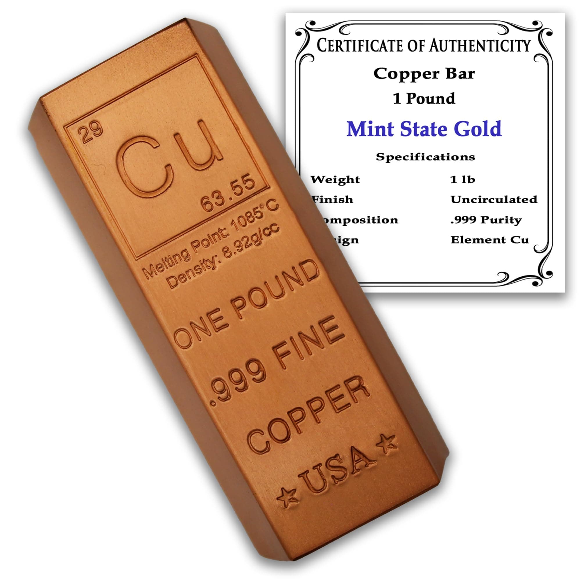 1 Pound Copper Bar Ingot Paperweight - 999 Pure Chemistry Element Design with...