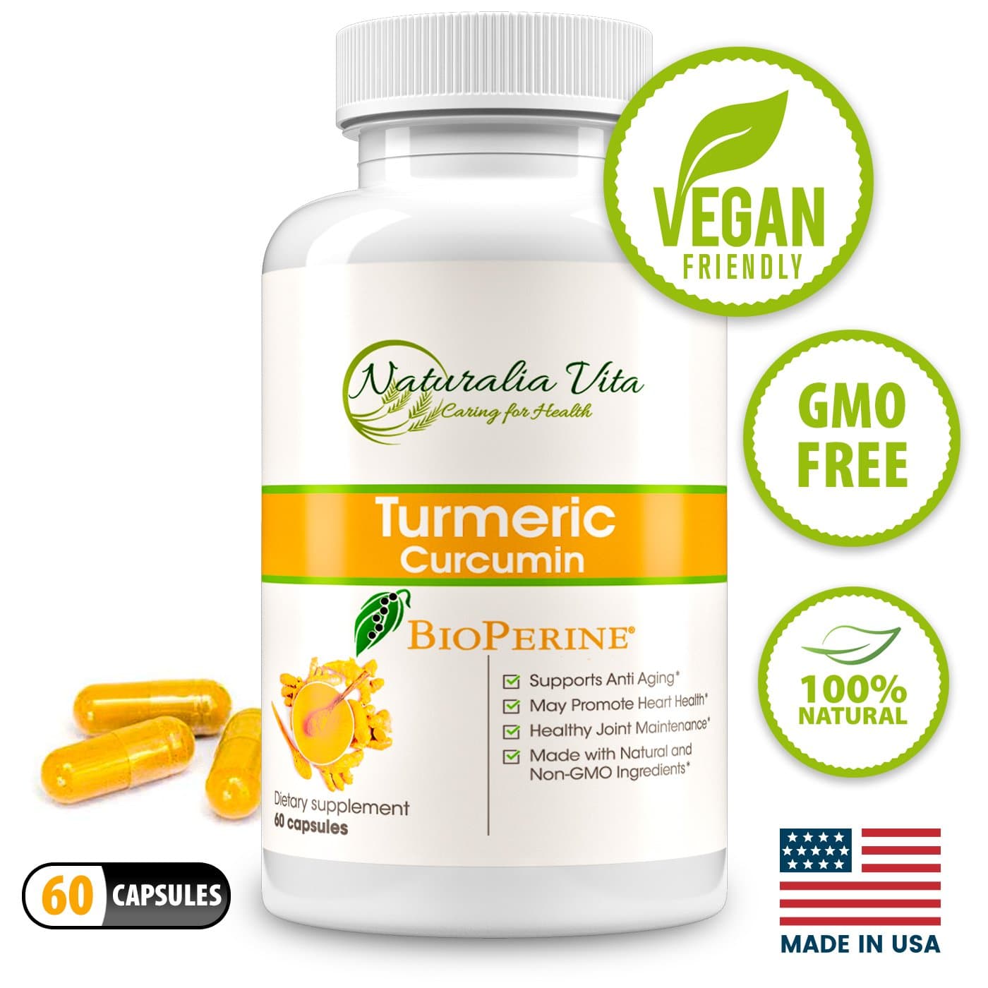 Turmeric Curcumin Supplement Capsules - Premium High Absorption Curcumin - Best Nature Turmeric Curcumin Bioperine Black Pepper - Non-GMO Turmeric Curcumin Extract Complex - 60 Turmeric Pills