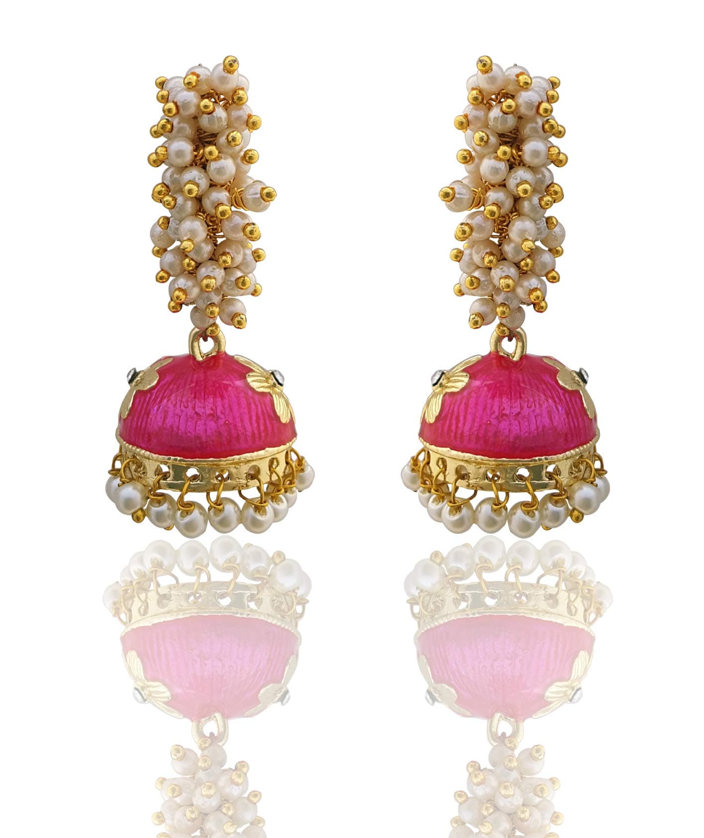 Golden Meenakari Jhumkas With White Pearls For Women (Green)