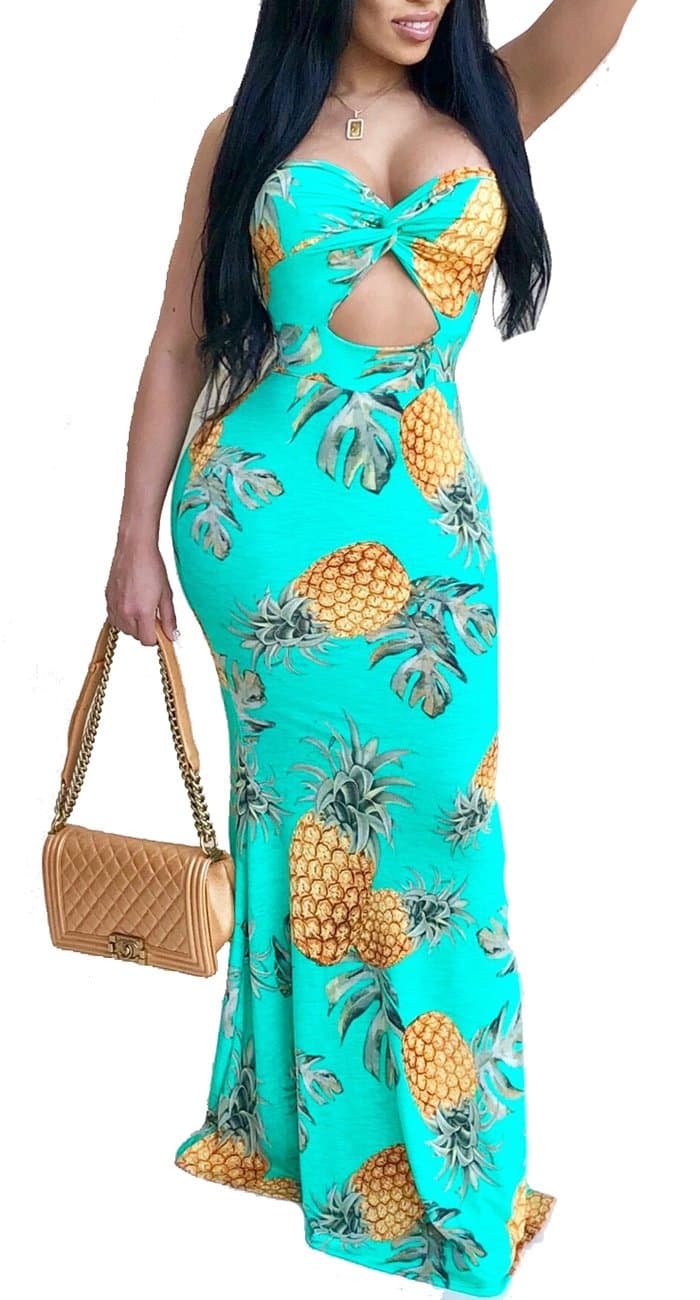 LightlyKiss Women's Sexy Off Shoulder Pineapple Floral Bodycon Party Beach Long Maxi Ladies Dress Cyan