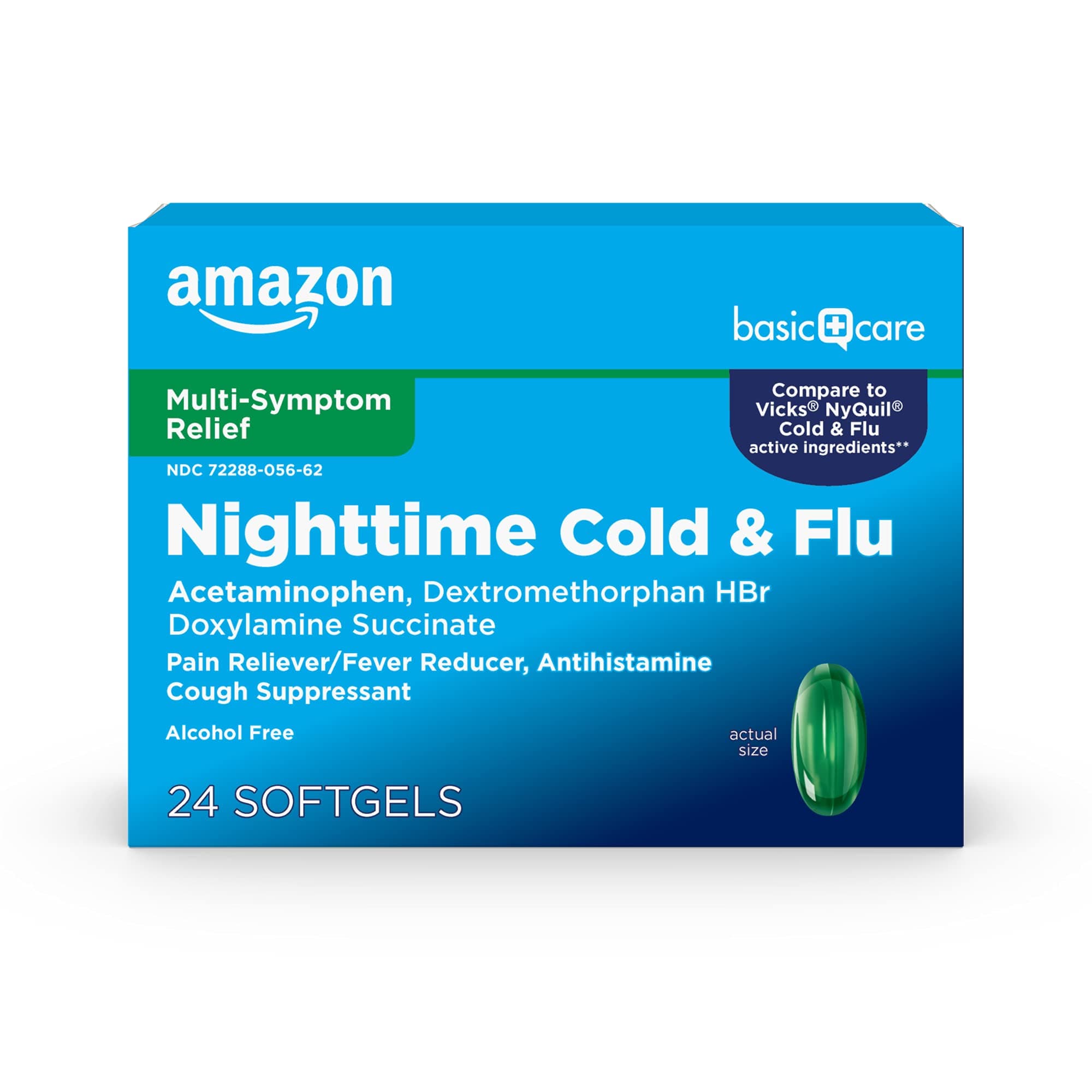 Amazon Basic Care Nighttime Cold & Flu Relief, Pain Reliever, Fever Reducer, Multi-Symptom, Sore Throat, Cough, Runny Nose, 24 Softgels
