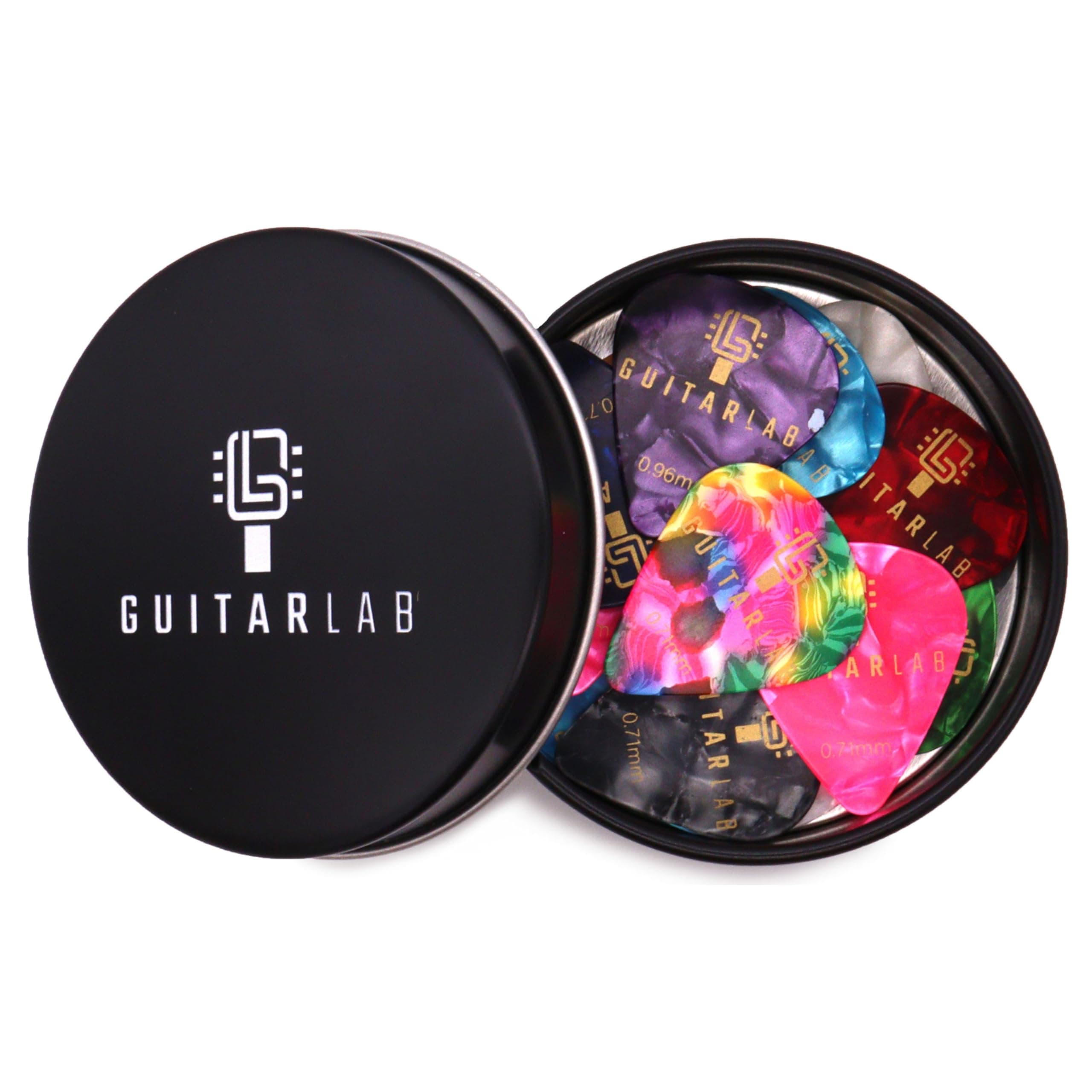 Guitar Lab Guitar Picks Gift Tin - 18pcs Plectrums for Acoustic, Electric, Bass & Ukulele - Celluloid Plectrums - Heavy, Medium & Light