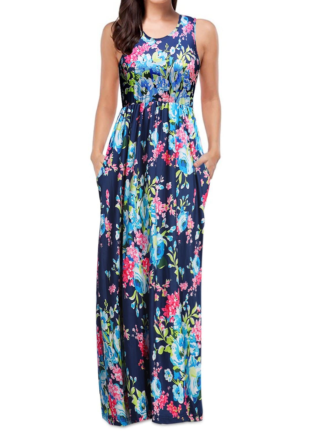 Women's Summer Sleeveless Floral Print Maxi Dress Tank Top Casual Long Dresses Blue XL