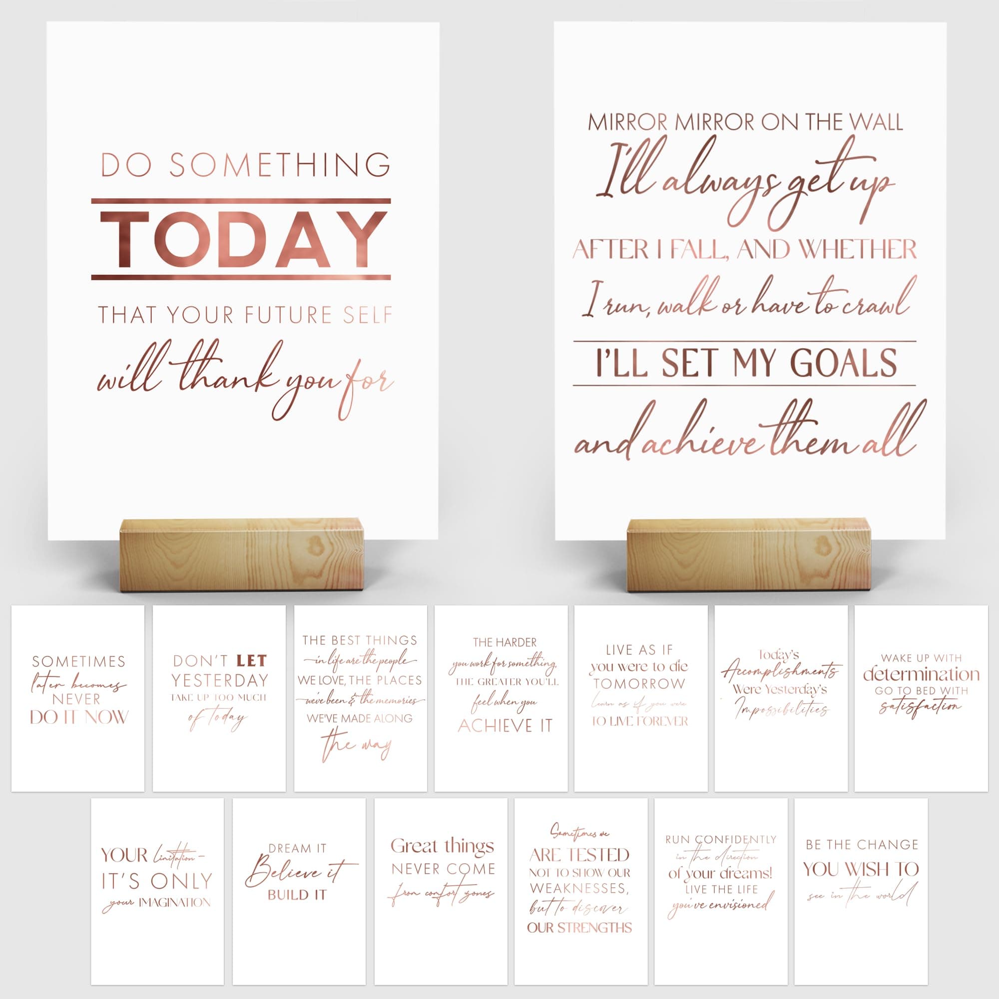 Merry Expressions Inspirational Office Desk Decor for Women, Rose Gold Home Office Decor, 15 Motivational Cards with Two Wooden BasesThe Forest Stewardship Council