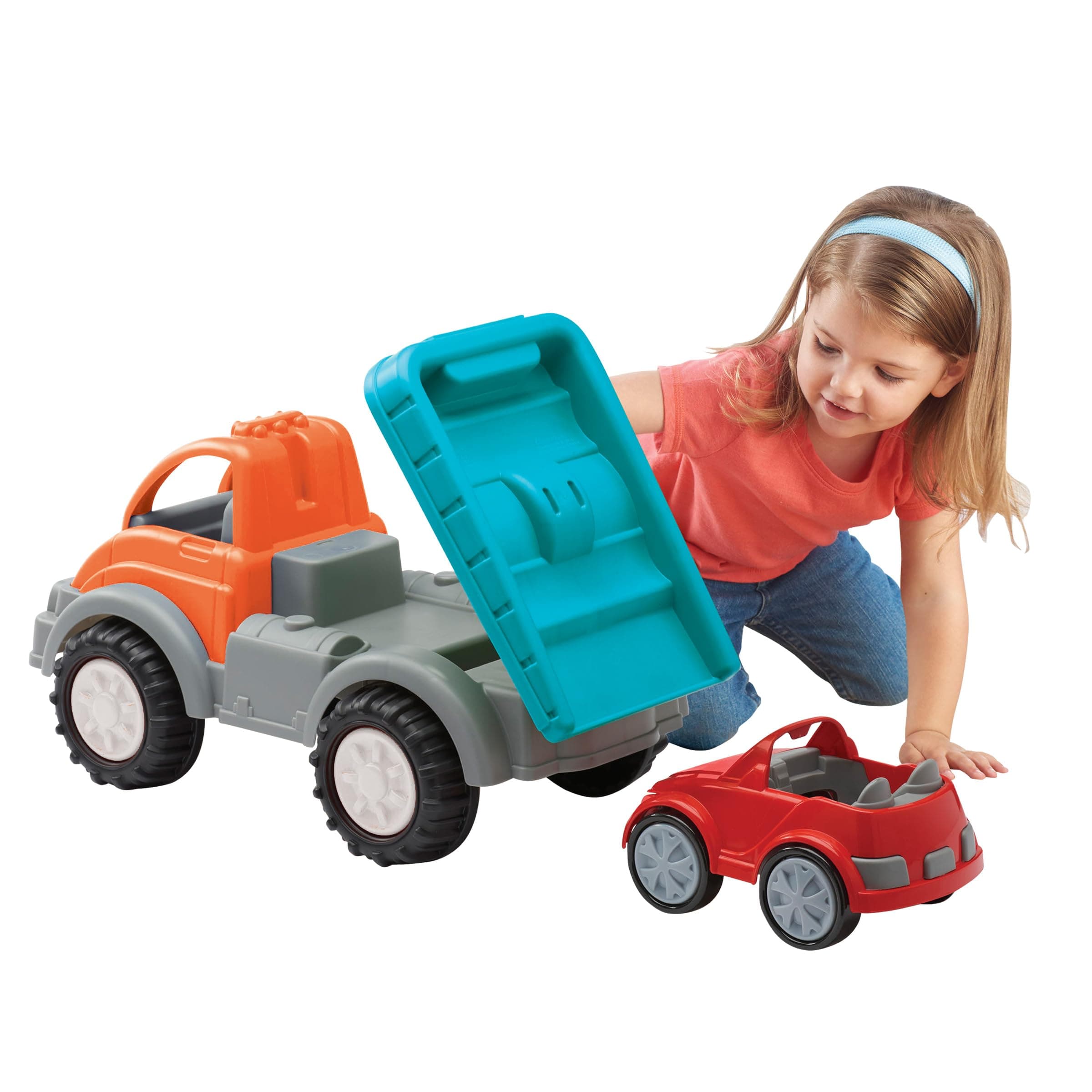 American Plastic Toys Gigantic Car Hauler Truck for Toddlers with Tilting Bed for Indoor or Outdoor Play, Comes with Separate Toy Car for Towing