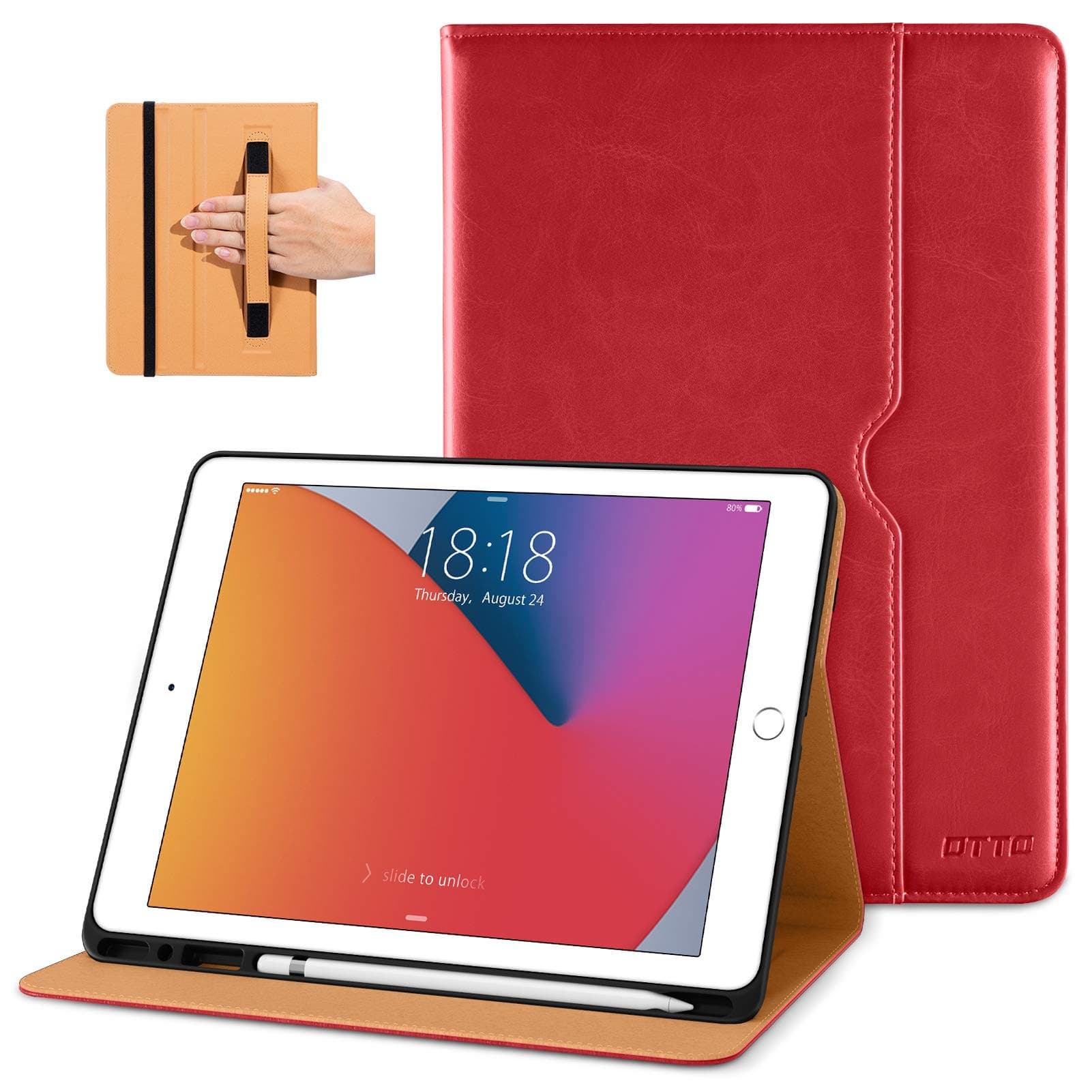 DTTO New iPad 7th/8th Generation Case 10.2 Inch 2019/2020, Premium Leather Business Folio Stand Cover with Built-in Apple Pencil Holder - Auto Wake/Sleep and Multiple Viewing Angles - Red