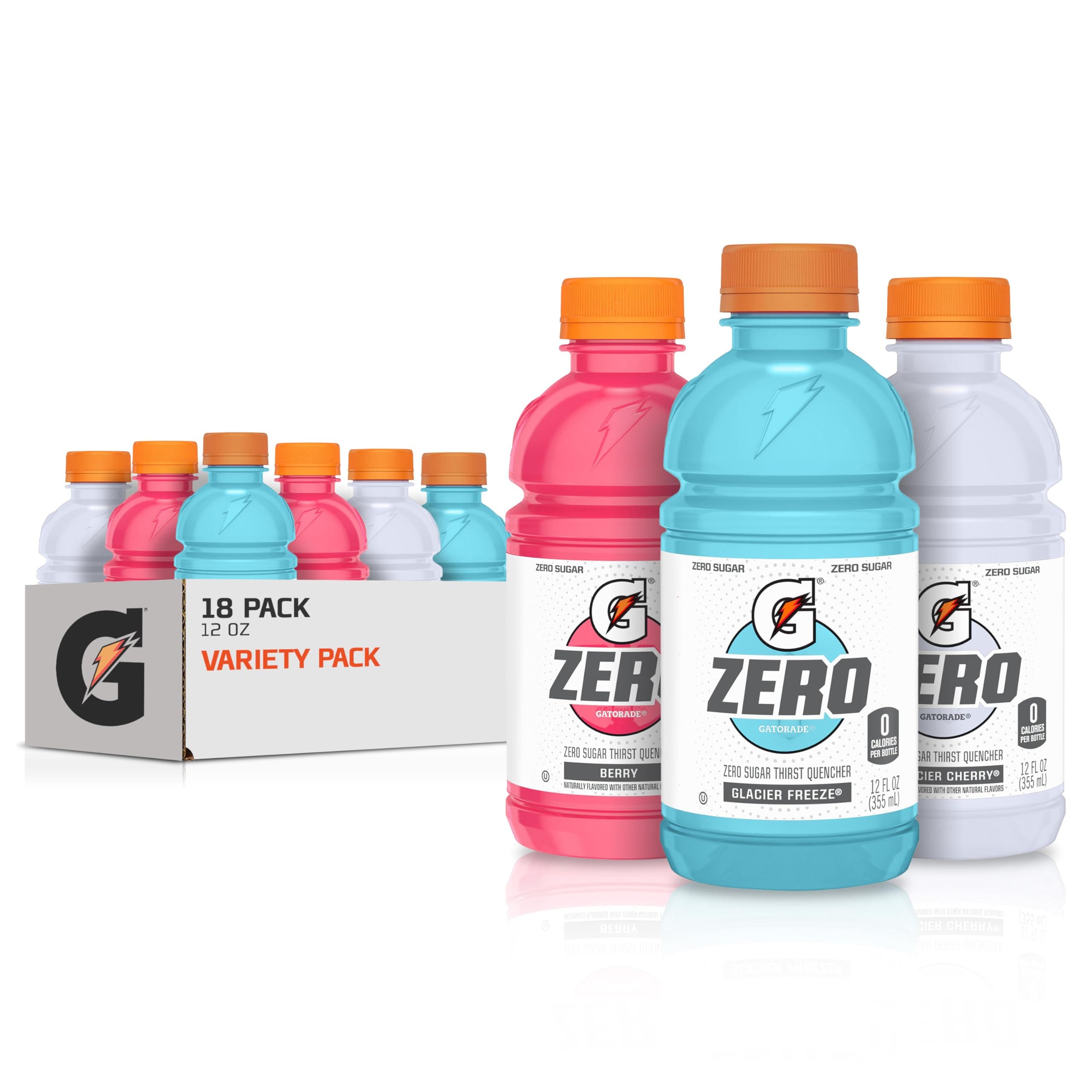 G Zero Sports Drink, Glacier Freeze, Glacier Cherry, Berry Variety Pack, 12 Fl Oz (Pack of 18)