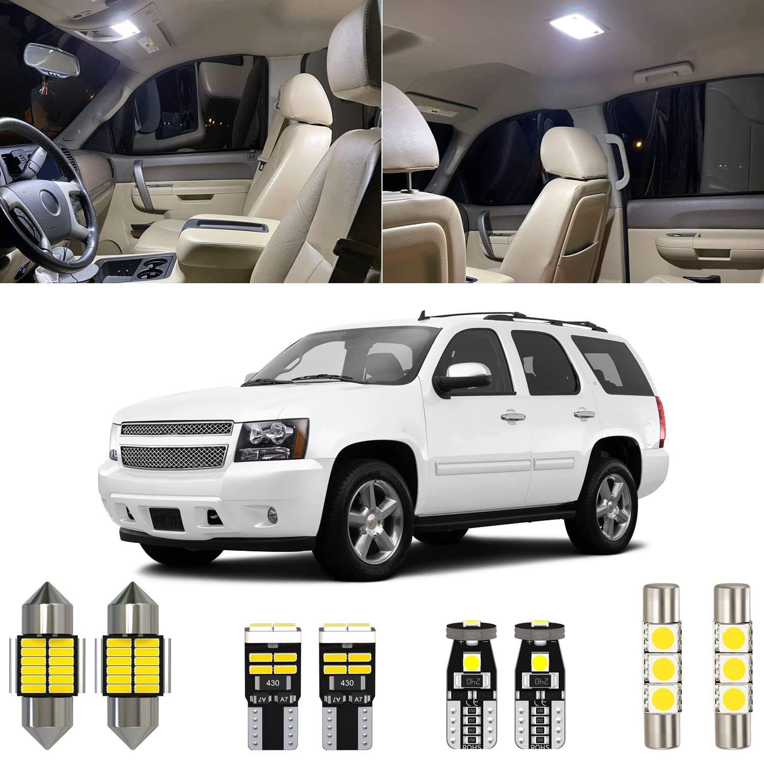15pcs 6000K White LED Interior Light Kit Package Replacement for Chevrolet Tahoe/Suburban GMC Yukon 2007 2008 2009 2010 2011 2012 2013 2014 with Placement Diagram and Installation Tools