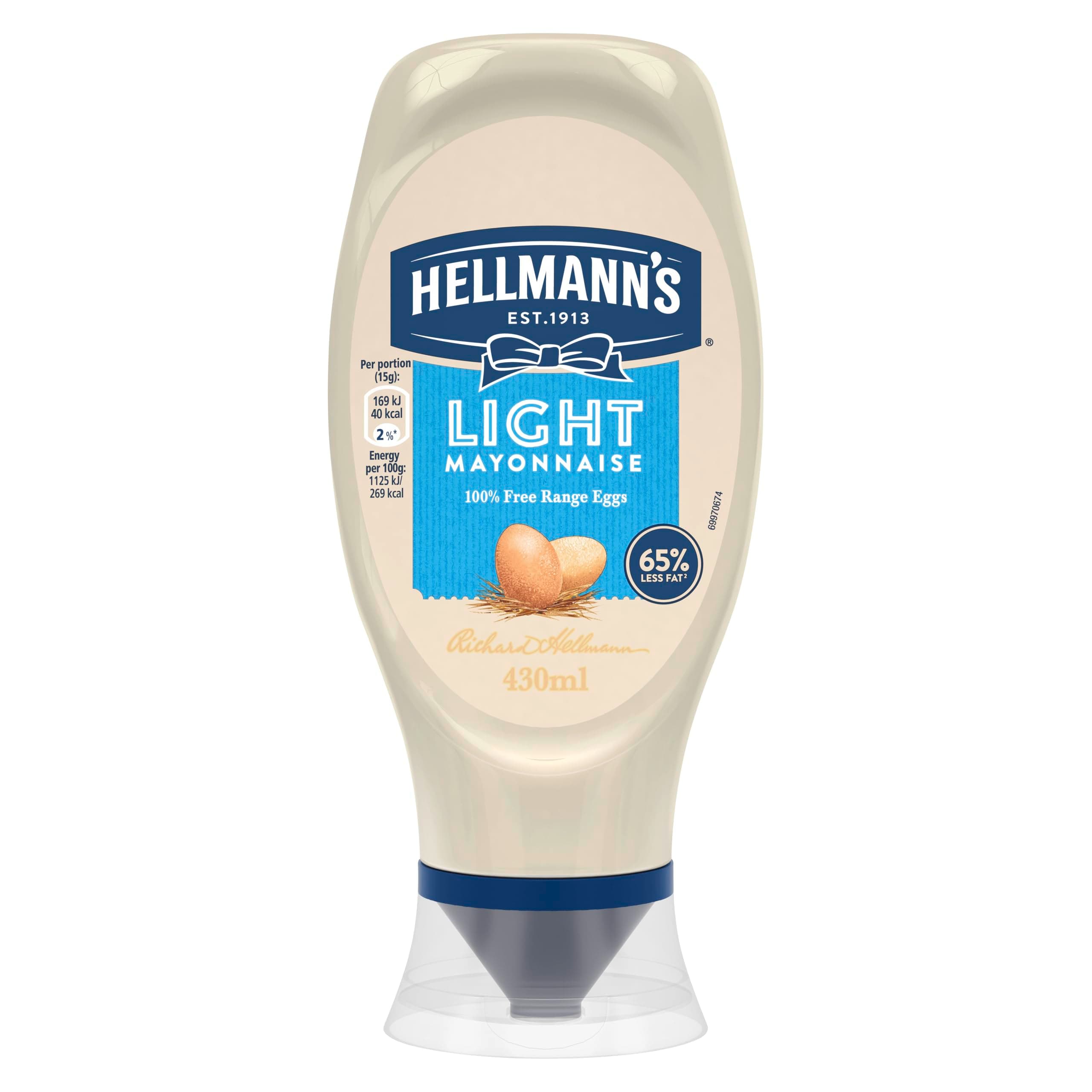 Hellmann's Light Mayonnaise Condiment 100% recycled squeeze bottle light mayo for burgers, sandwiches and salads, 430ml