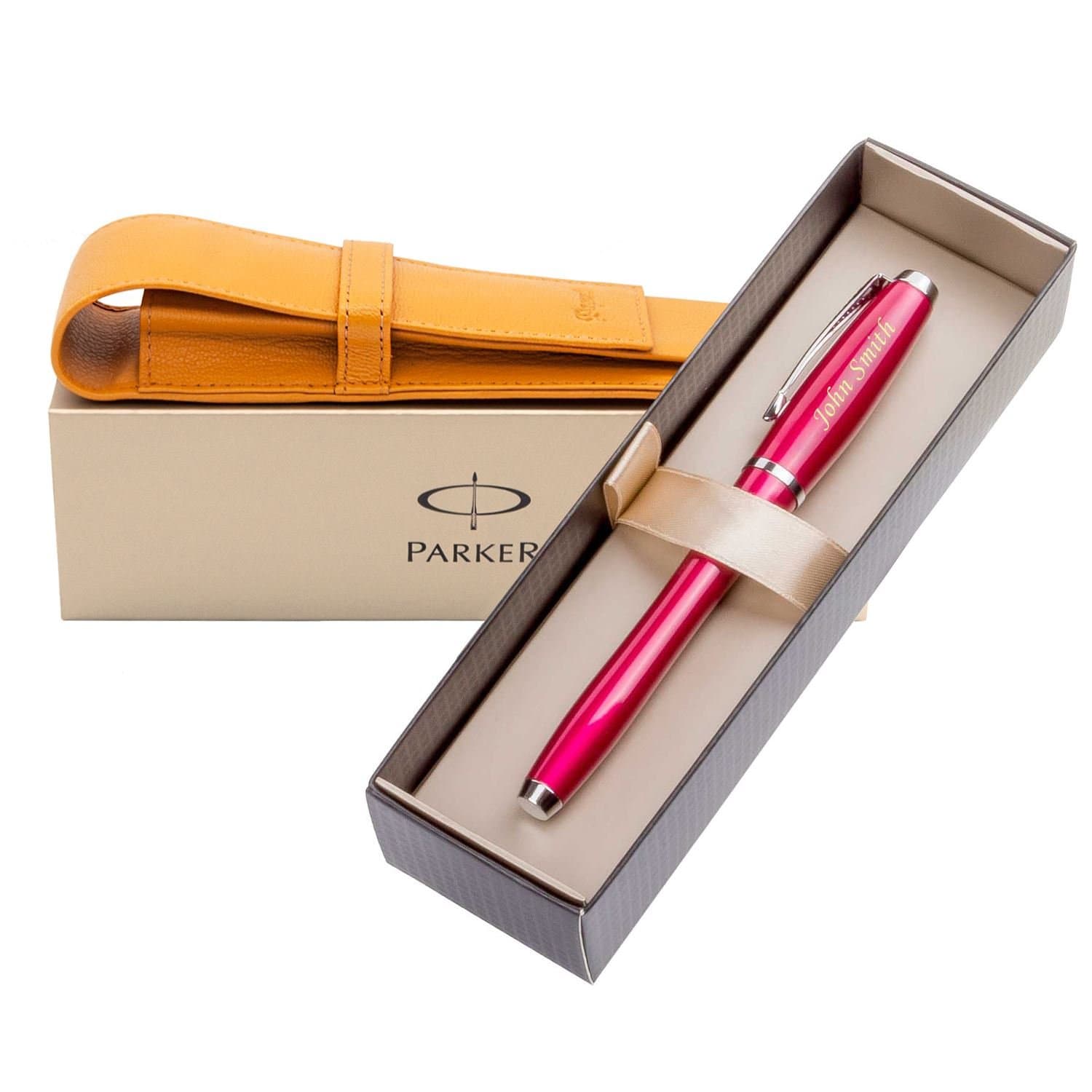 Stylish PARKER with gift box and London Pagani Collection Leather Pouch – Parker Urban Pen and Fountain Pen - Cool Magenta CT + PAGANI Orange