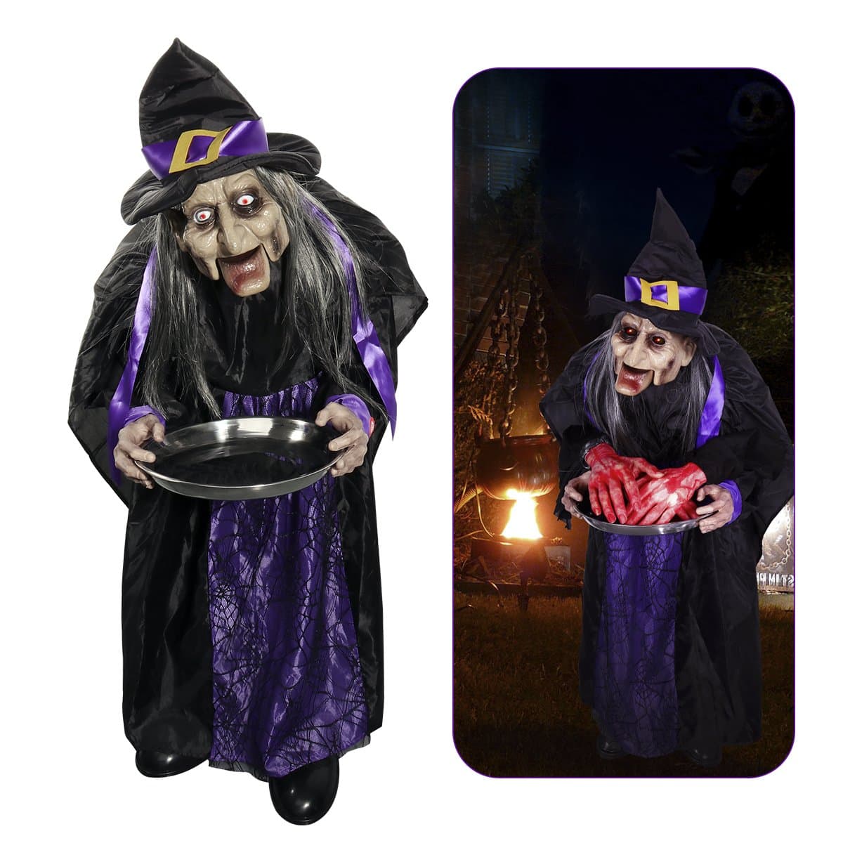 Witches for Halloween, 43” Halloween Animated Witch Props Talking Witch Standing Hanging Witch with Light-up Eyes Haunted House Yard Scary Outdoor Decoration