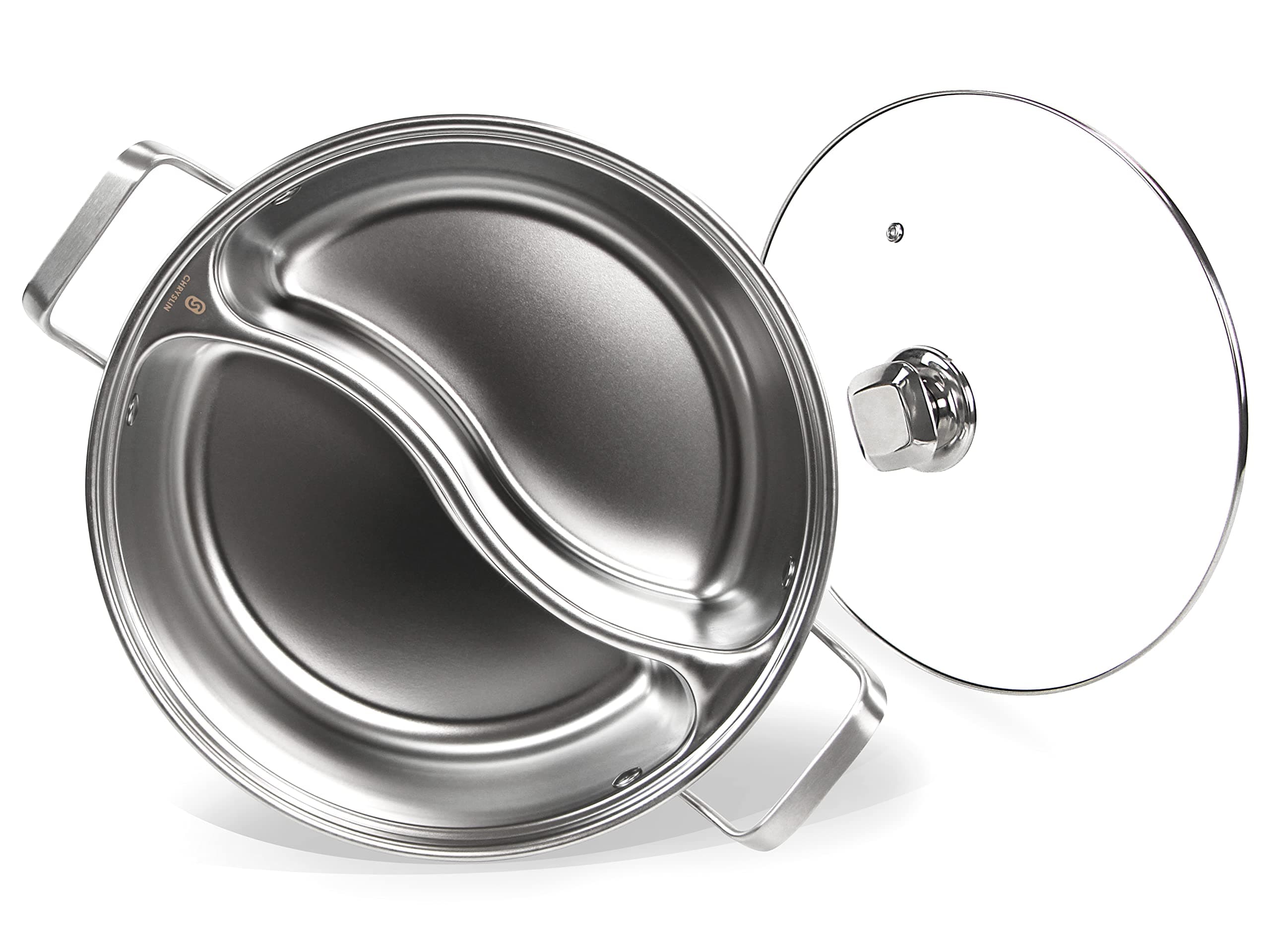 Stainless Steel Pot with Divider, Two-Flavor Soup Pot, Induction Cookware with Toughened Glass Lid, 12 inch, 4.6 Quart, Silver