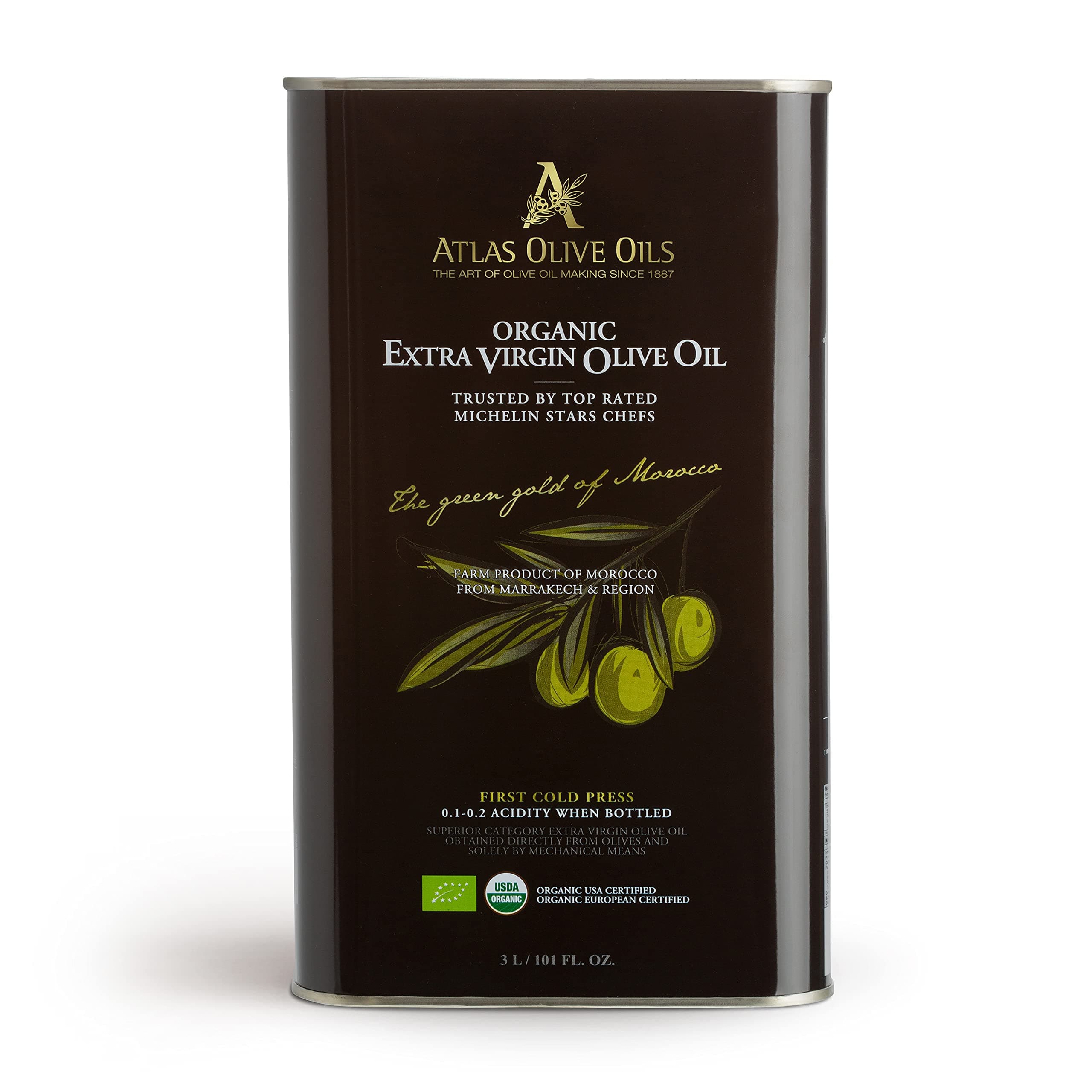 Atlas 3 LT Organic Cold Press Extra Virgin Olive Oil with Polyphenol Rich from Morocco|Newly Harvested Unprocessed from One Single Family Farm | Moroccan EVOO Trusted by Award-Winning Chefs