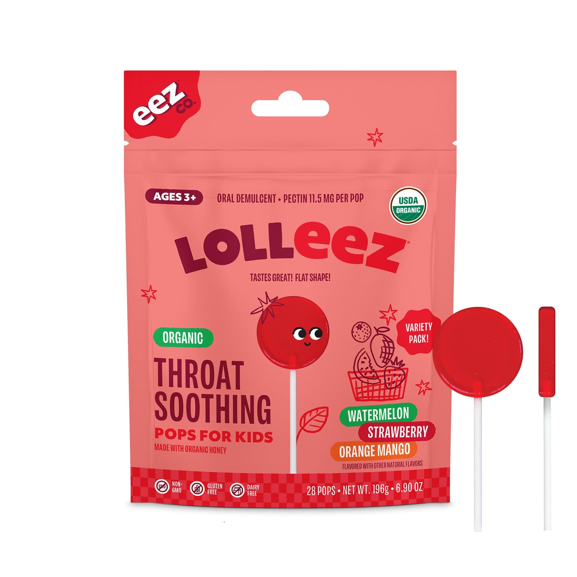 Lolleez Organic Lollipops for Kids Sore Throat Relief, Variety Pack Perfect for Soothing A Sore Throat While Tasting Great, Strawberry, Watermelon & Orange Mango, 28 Count