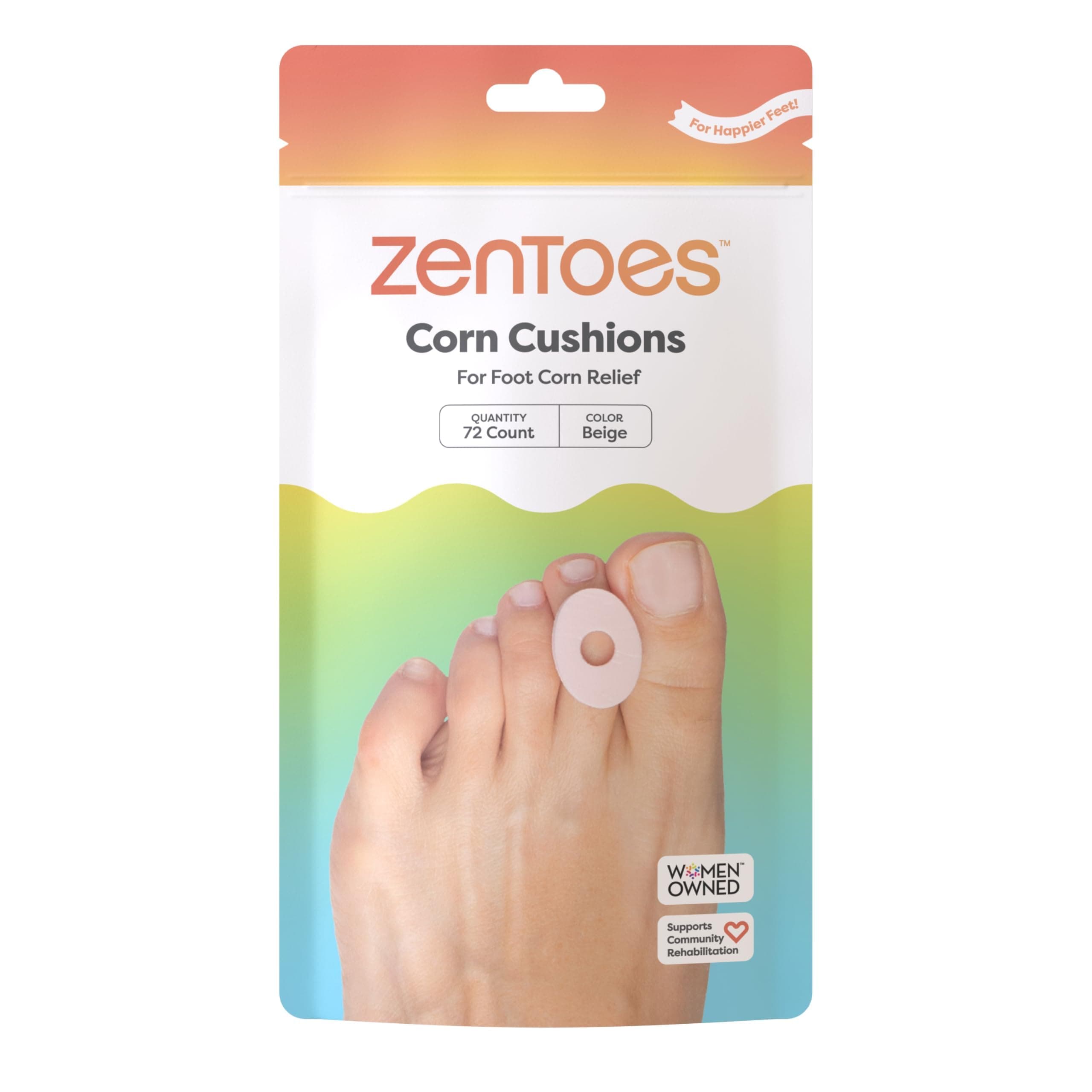 ZenToes Corn Cushions for Toes and Feet, Protect Sore Spots with Foam Padding, Reduce Pain, Pressure and Friction from Shoes, Long Lasting Water-Resistant Self-Stick Adhesive Pads (72 Count)