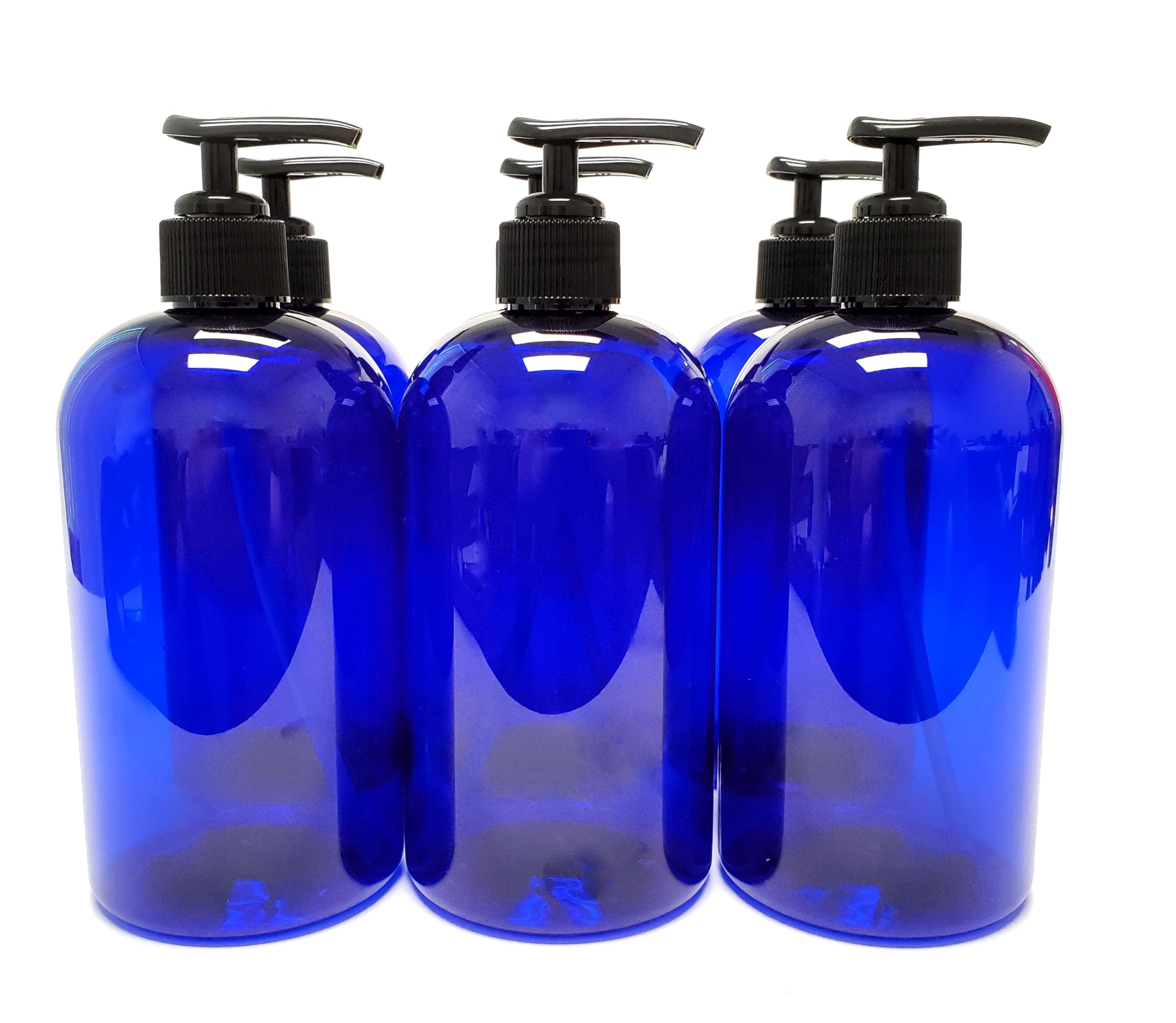 ljdeals 16 oz Cobalt Blue Plastic Bottle with Black Lotion Pump, Pack of 6, BPA Free, Made in USA