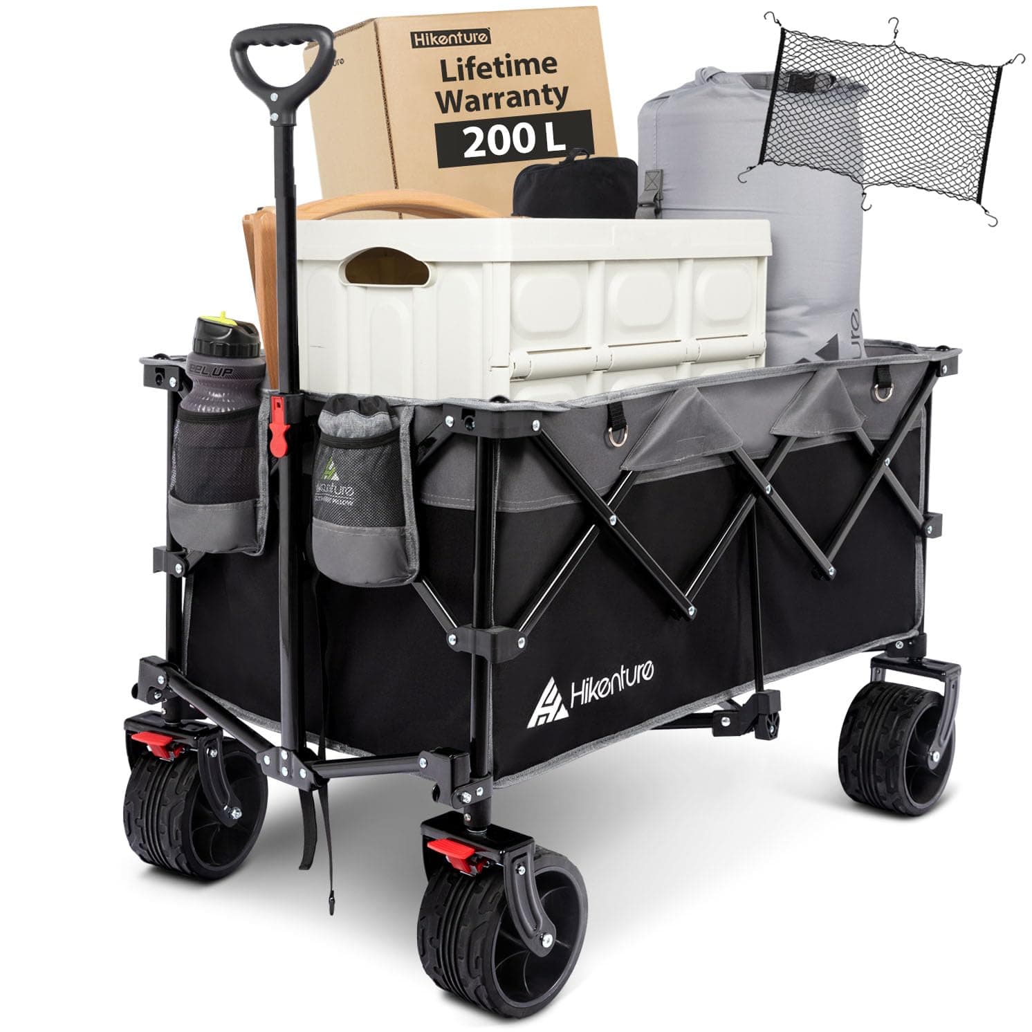 Hikenture Camping Trolley with Cargo Net, Big Wheels Beach Trolley Cart for Sand, 220lbs Capacity Folding Wagon, Heavy Duty Festival Trolley with Brakes, Collapsible Wagon for Picnic Garden Beach