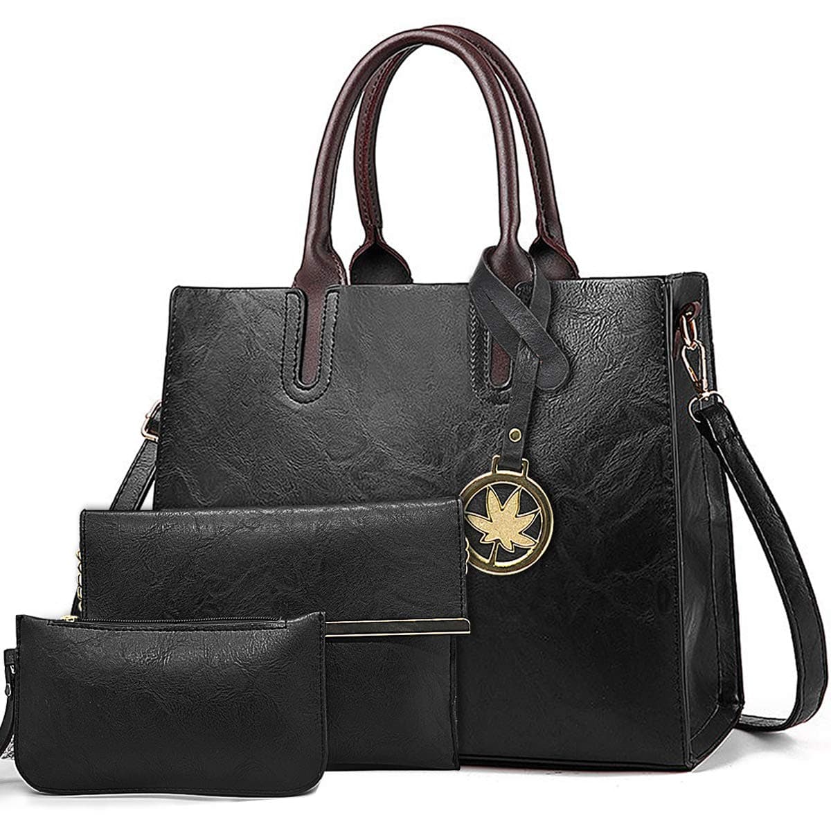 Handbags for Ladies Black Large Leather Purses for Women Tote Messenger Shoulder Crossbody Bag Set 3pcs