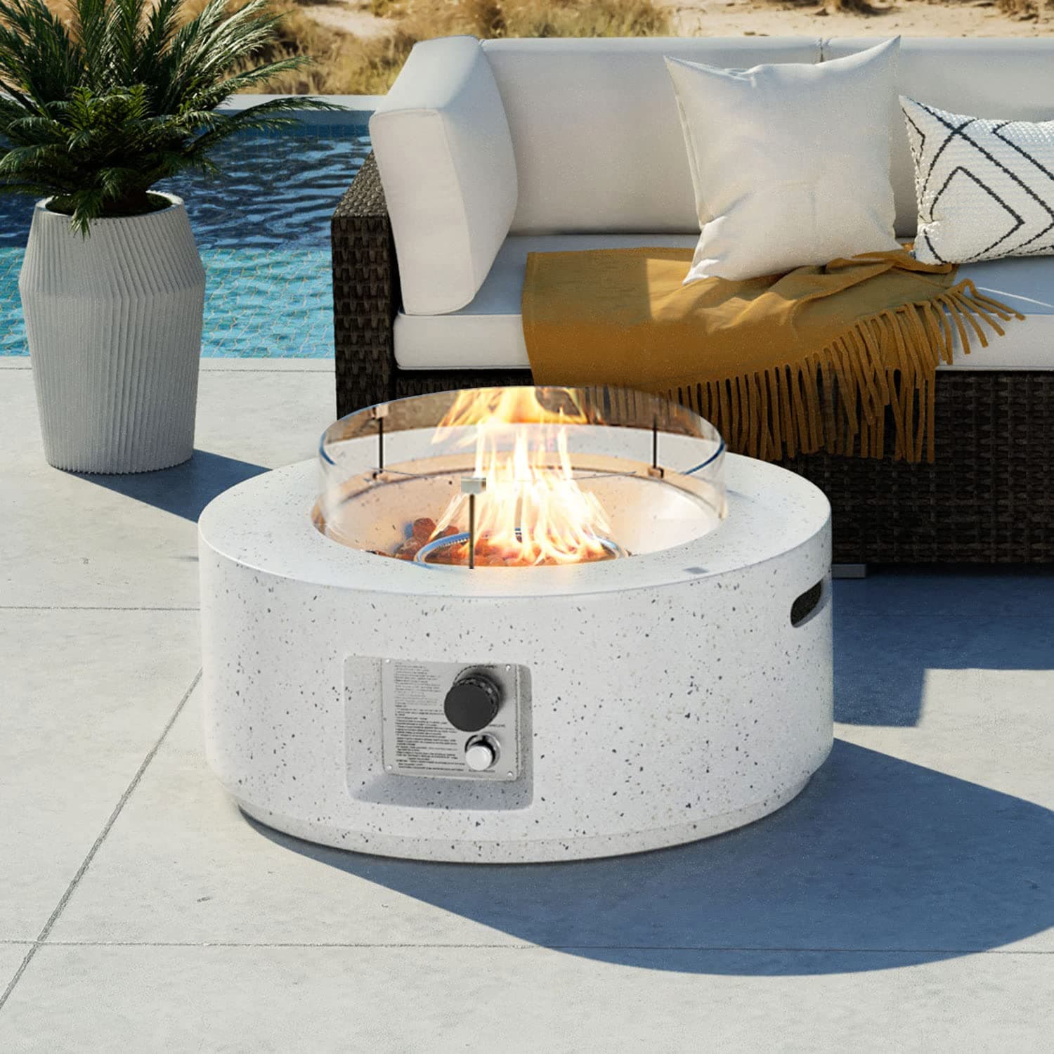 Outdoor Propane Fire Pit Coffee Table, 28-inch Terrazzo Round Base Patio Heater, Certified, 40,000 BTU Stainless Steel Burner, Wind Guard, Free Lava Rocks, Waterproof Cover