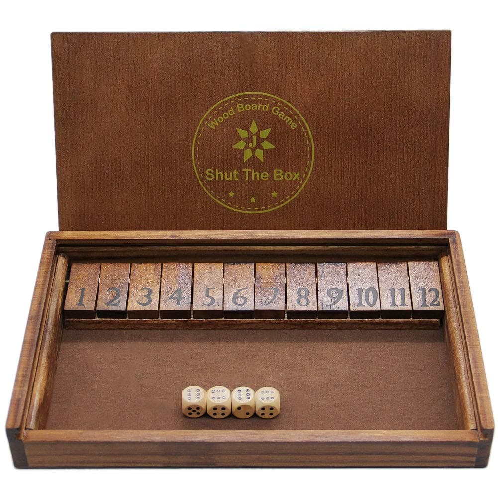 Juegoal Shut The Box Wooden Board Dice Game with 12 Numbers and Lids for Kids, Adults, Families, 2+ Players