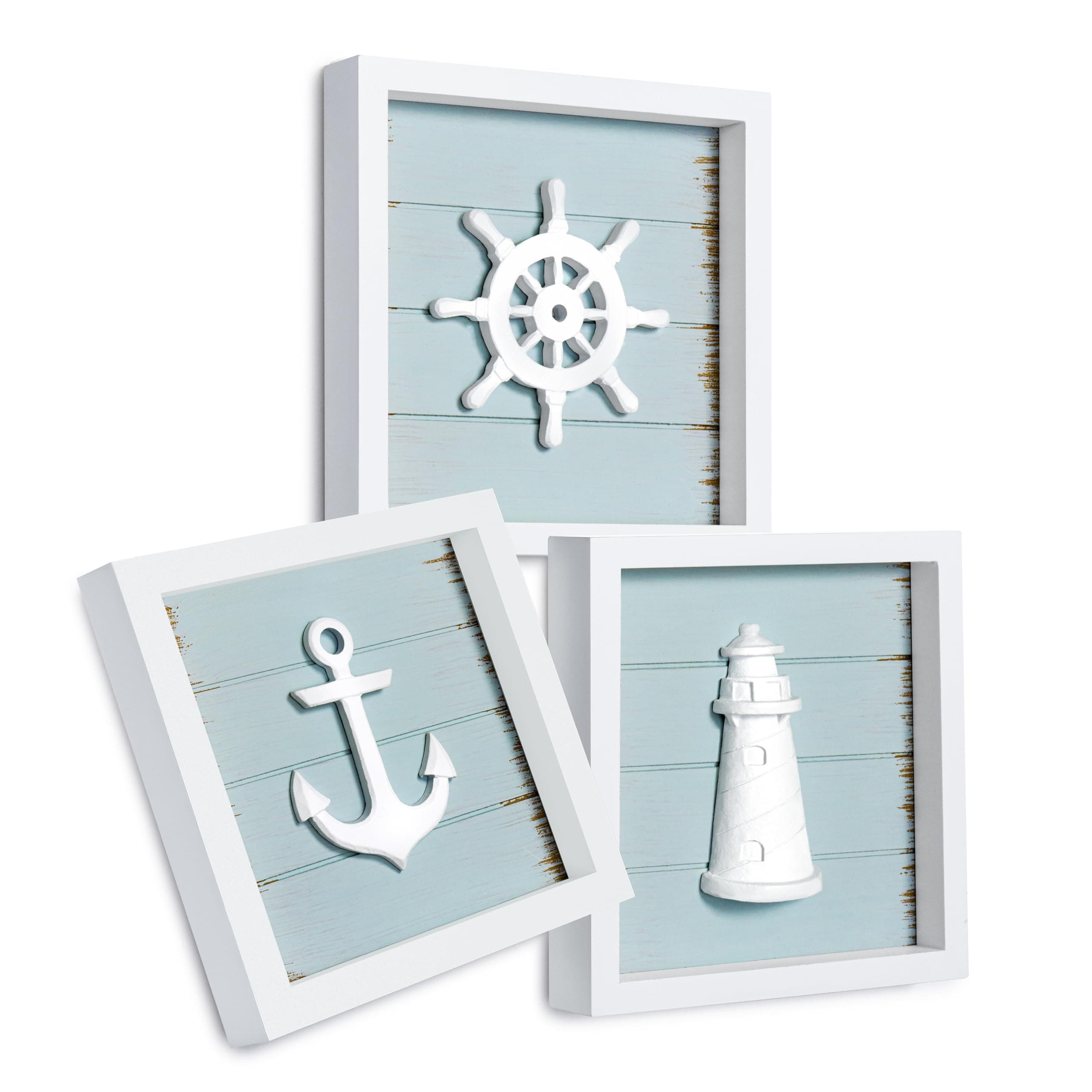 Tide and Tales Nautical Wall Decor (7"x7") with 3D Anchor, Lighthouse Ship Wheel - Rustic Beach Bathroom Ocean Home Decorations - Coastal Theme Nautical Gifts - Famed Set of 3