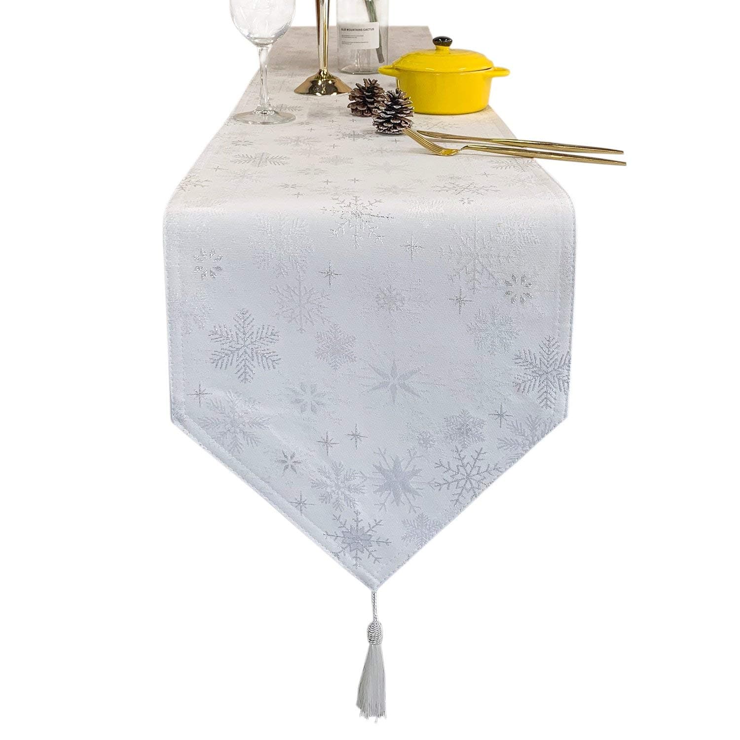 Lavin Christmas Table Runner Holiday 13x108 Inch, Twinkle Snowflakes Double Layers Polyester Washable Tablerunners for Parties, Durable Runner, Heat Resistant Winter Home Decor