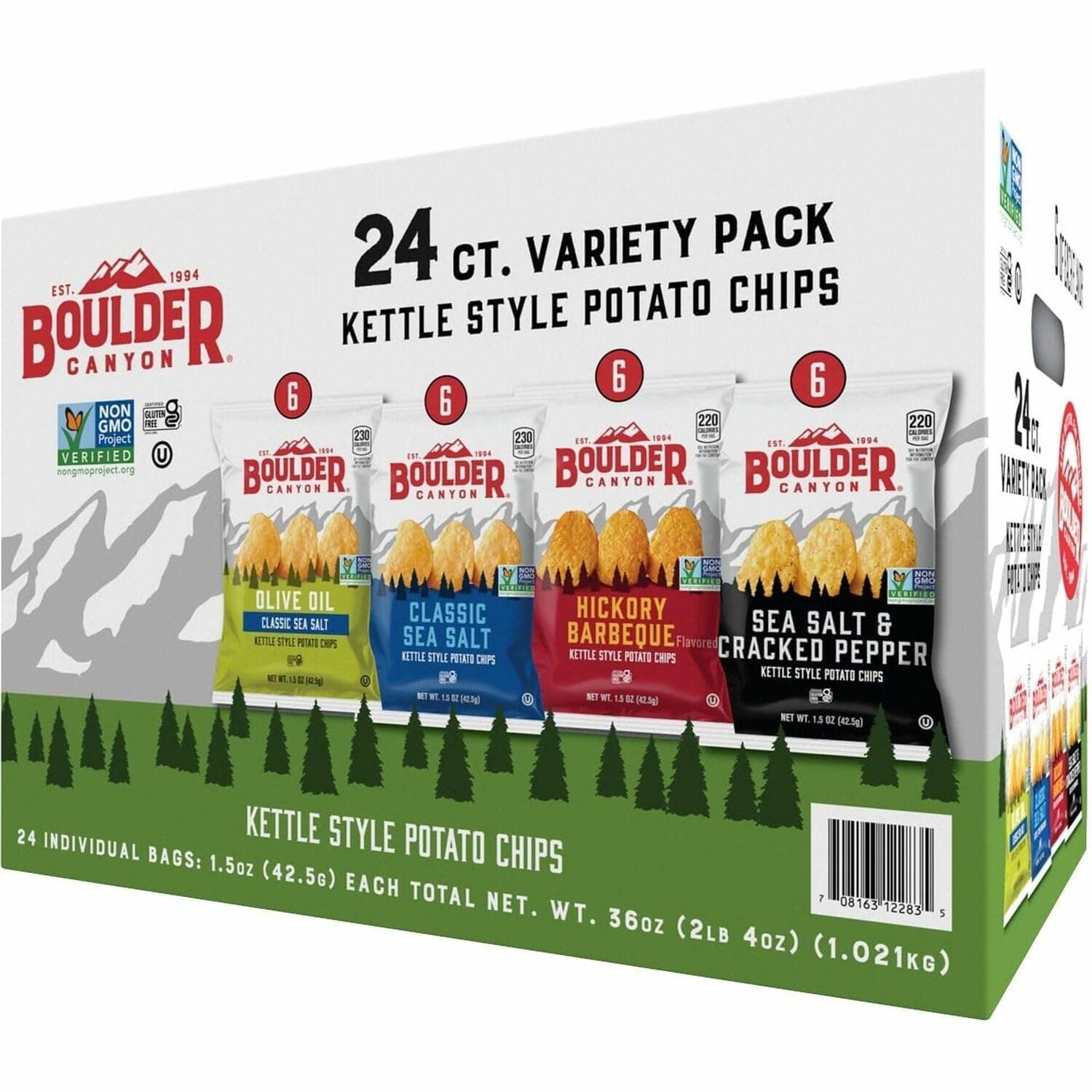 Boulder Canyon Kettle Style Potato Chips Variety Pack, 24 Count, Assorted 1.5oz. Bags, Olive Oil Classic Sea salt, Hickory BBQ, Sea Salt & Cracked Pepper, Classic Sea salt