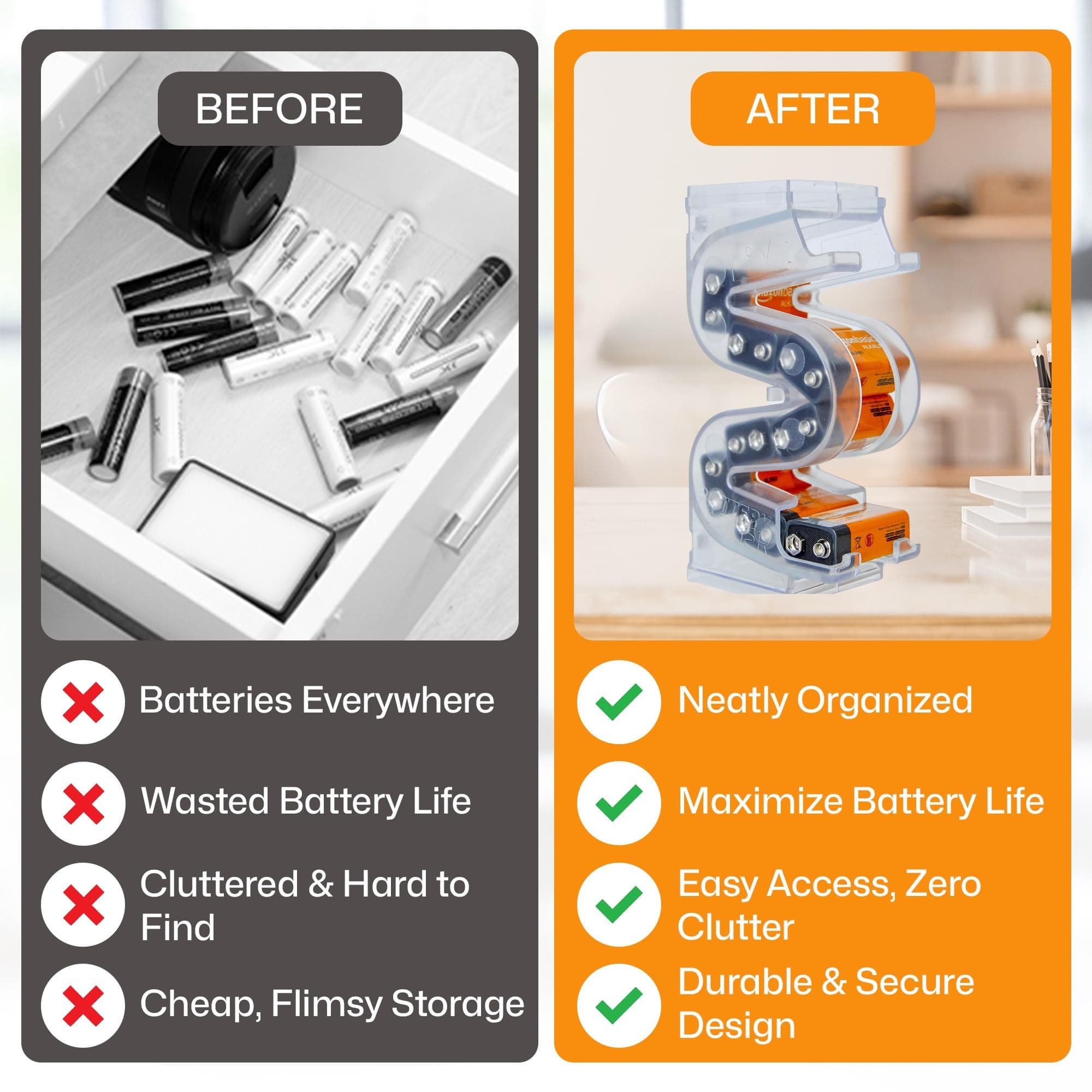 Battery Ladder (TM) Clear 9V Battery Holder/Storage - Vertical Organizer Case That Holds 10 Batteries - Stackable, Expandable and Wall Mountable