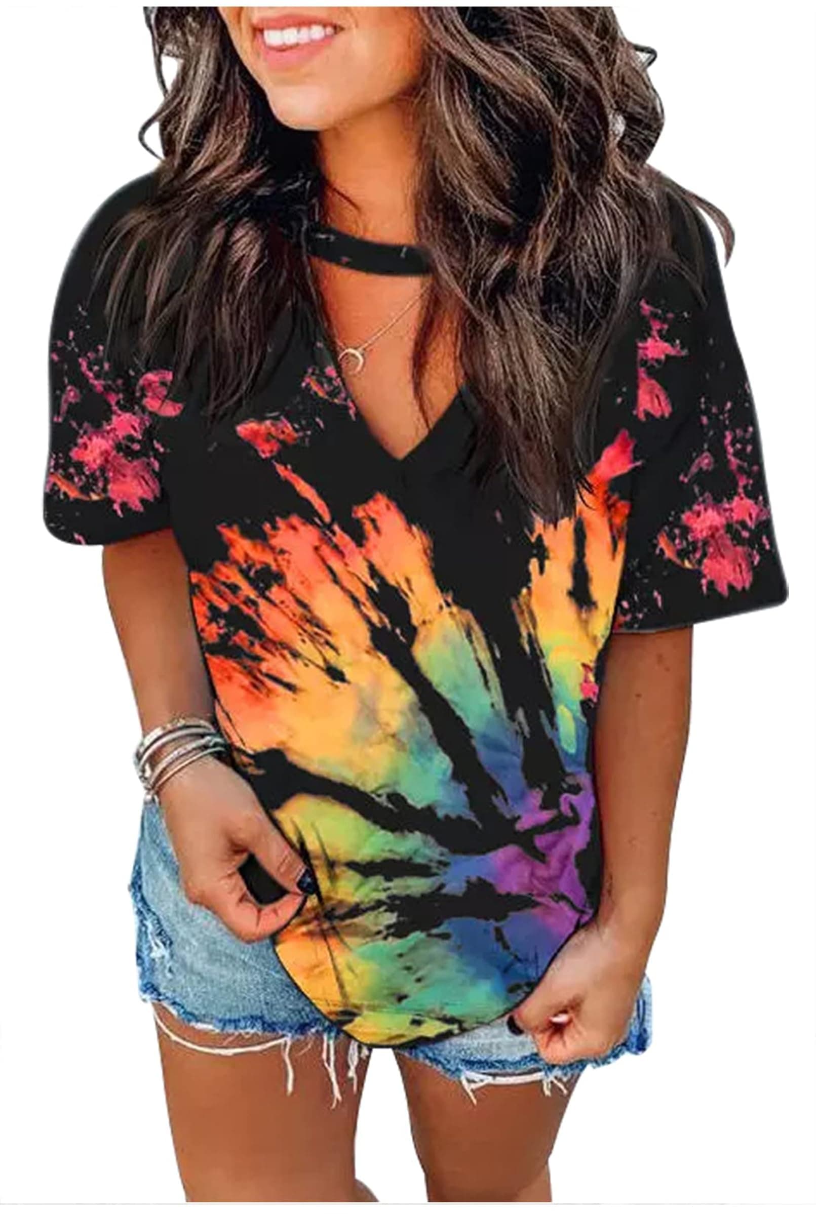 CHUNTIANRANSexy V Neck T Shirts for Women Tie Dye Hollow Out Blouse Tops Summer Loose Casual Shirt Country Music Graphic Tee Shirts