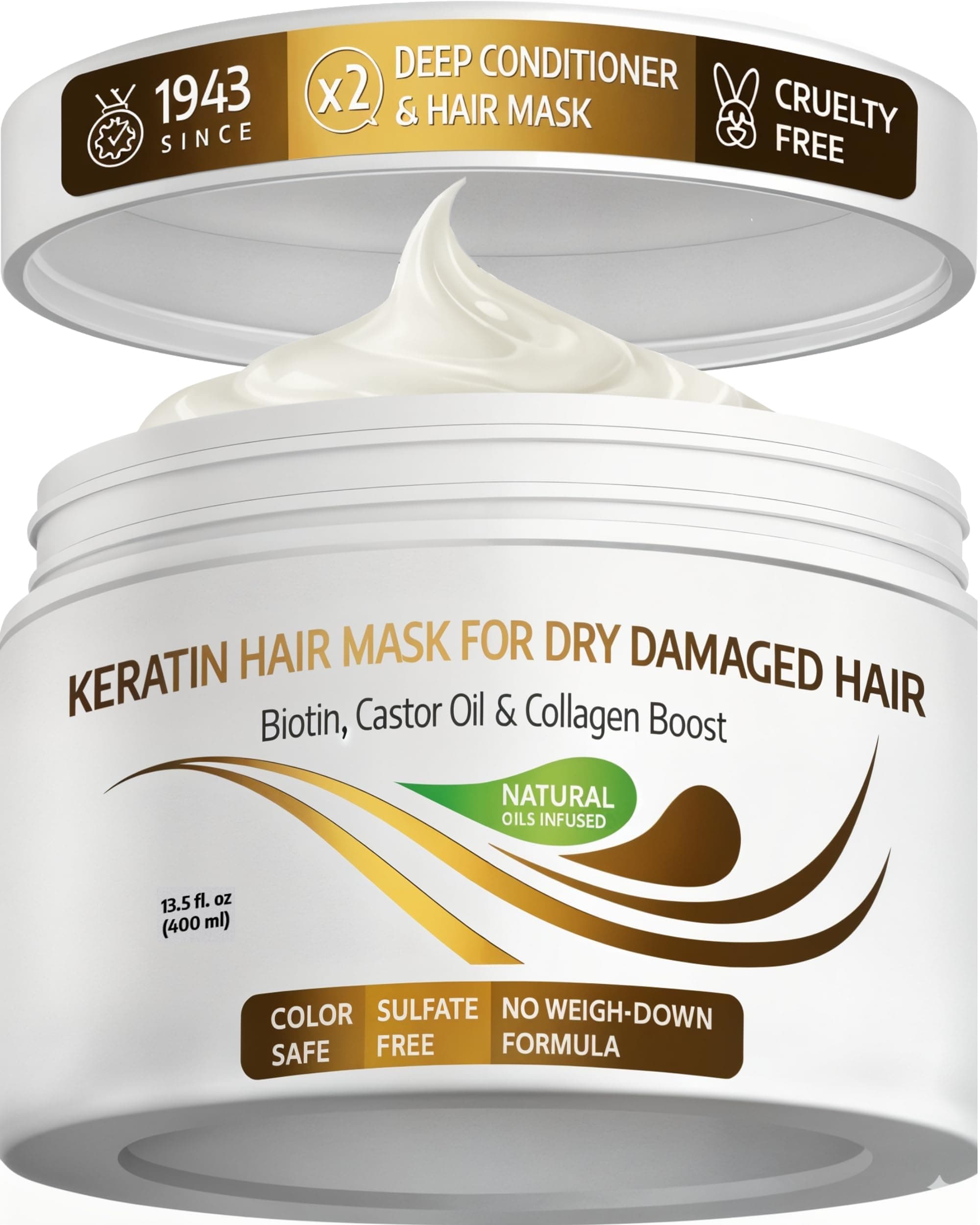 VITAMINS Hair Cosmetics Keratin Hair Mask for Damaged Hair - Protein Keratin Treatment Deep Conditioner for Dry Locks - Collagen Biotin & Castor Oil Repair Dryness & Enhance Shine - 400 ML