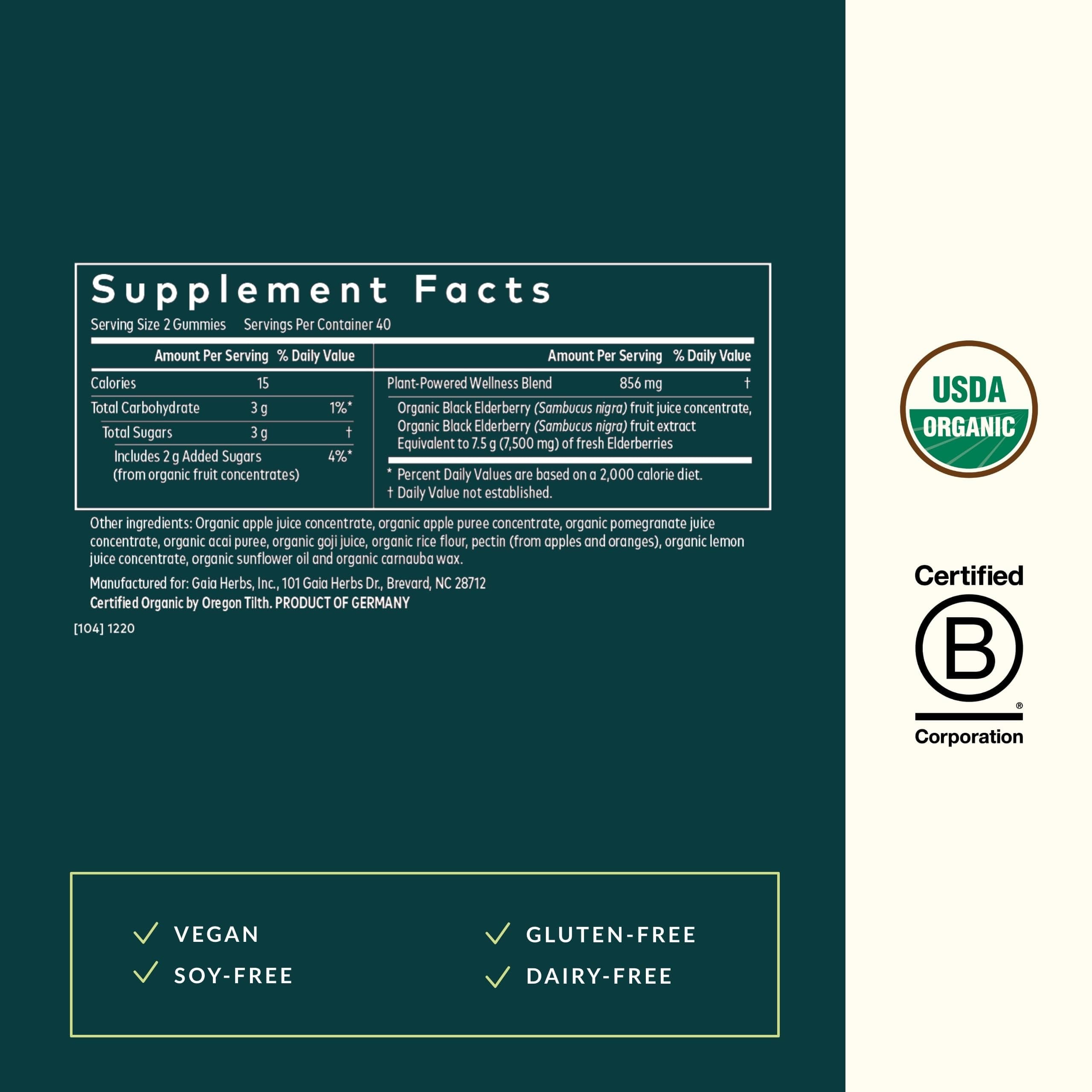 Gaia Herbs Black Elderberry Adult Daily Gummies - Delicious Immune Support Supplement - Made with Certified Organic Black Elderberries for Immune System Support, 80 Gummies (40-Day Supply)